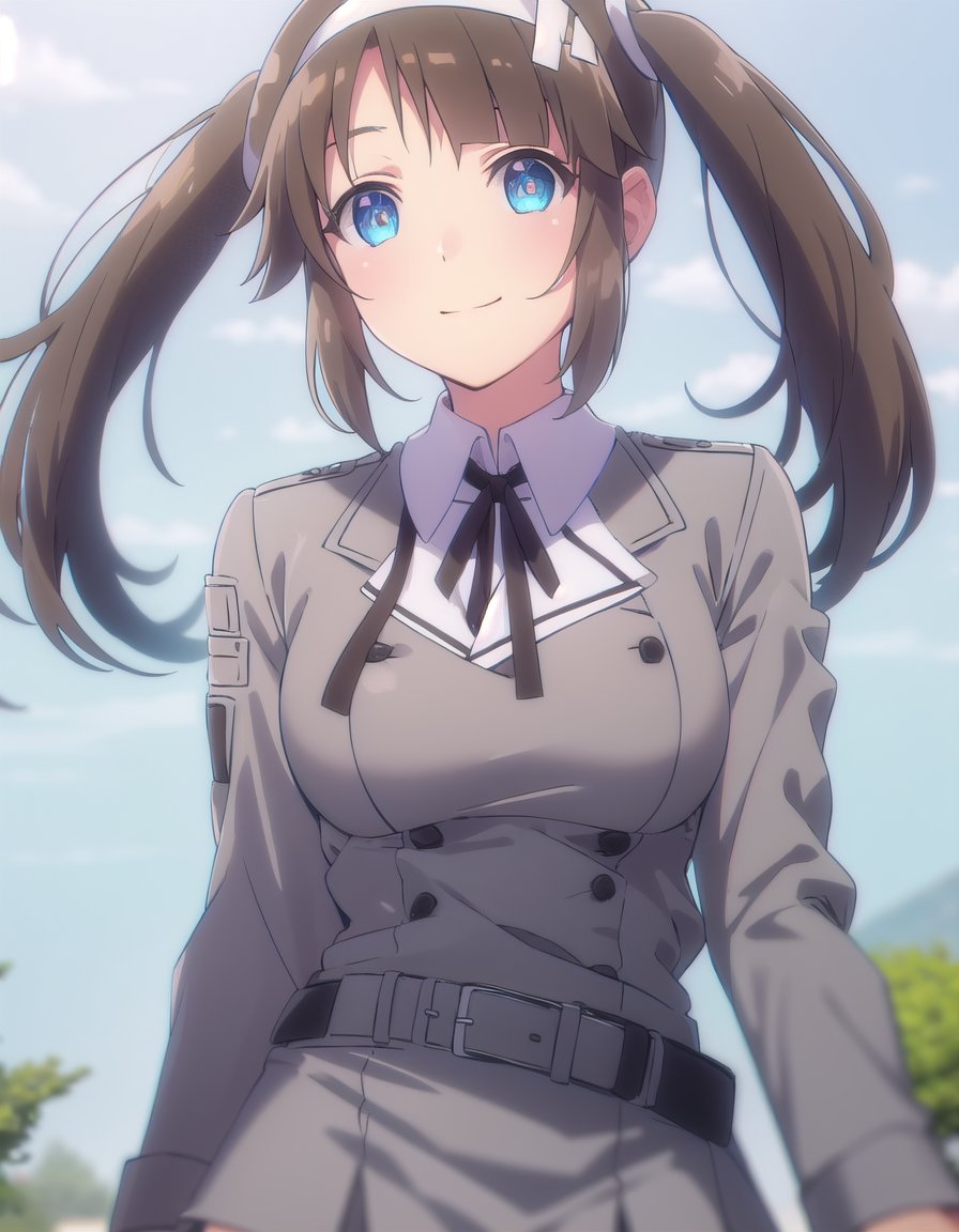 skminori, <lora:sk minori s1-lora-nochekaiser:1>,minori, long hair, bangs, blue eyes, brown hair, hair ornament, long sleeves, twintails, sidelocks, hairband, white hairband,BREAK skirt, shirt, long sleeves, school uniform, pantyhose, pleated skirt, belt, miniskirt, black pantyhose, black ribbon, neck ribbon, buttons, grey skirt, grey jacket,BREAK outdoors, classroom,BREAK looking at viewer, (cowboy shot:1.5), smile,BREAK <lyco:GoodHands-beta2:1>, (masterpiece:1.2), best quality, high resolution, unity 8k wallpaper, (illustration:0.8), (beautiful detailed eyes:1.6), extremely detailed face, perfect lighting, extremely detailed CG, (perfect hands, perfect anatomy),