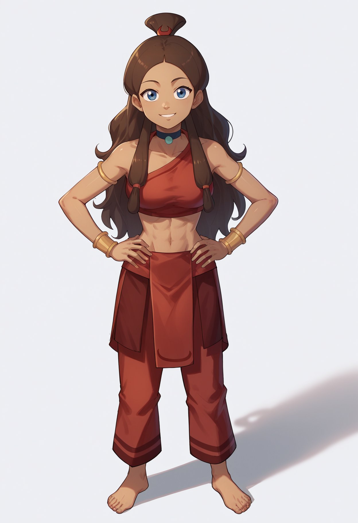 score_9, score_8_up, score_7_up, score_6_up, score_5_up, score_4_up, BREAK, source_anime,1girl, fnkatara, brown hair, long hair, topknot, blue eyes, armlet, bare shoulders, choker, dark skin, red crop top, red skirt, barefoot, pants,hands on hips, smile, standing, full body, looking at viewer, solo, simple background, white background   <lora:KataraXL:1>