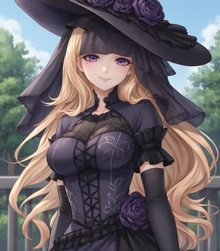 score_9, score_8_up, score_7_up, score_6_up, score_5_up, score_4_up, BREAK source_anime,1girl, solo,  <lora:LucreziaIsselee:0.9>, Lucrezia Isselee, blonde hair, long hair, purple eyes, mole, black and purple dress, gothic dress, black hat, gothic hat, veil, black lace, black thighhighs, purple high heels,, upper body, portrait looking at viewer, smile, outdoors, sky, trees,<lora:Racoonkun_Artist_Style:0.6>, racoonsan,,