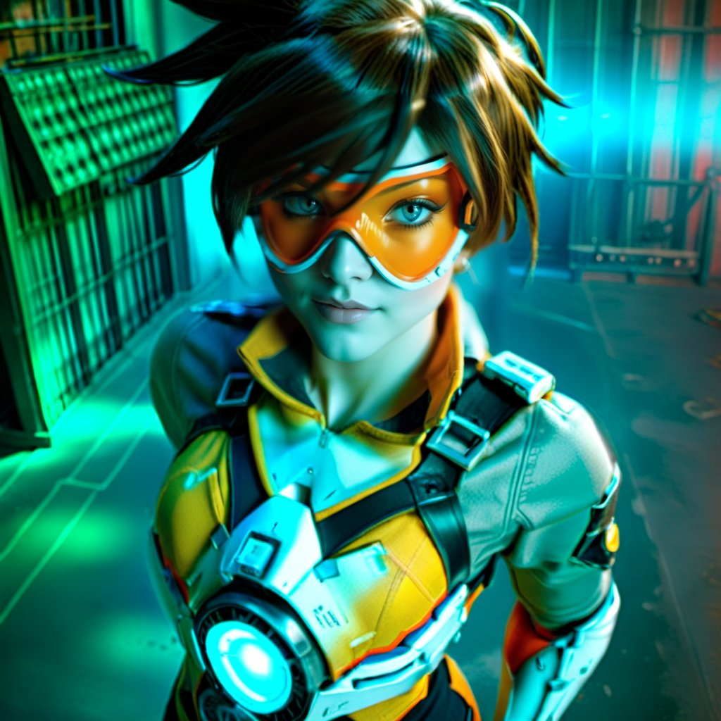 cinematic photo a woman with an orange glassmask holding guns in a futuristic cyberpunk background, neon lights <lora:Tracer1024:0.8> . 35mm photograph, film, bokeh, professional, 4k, highly detailed