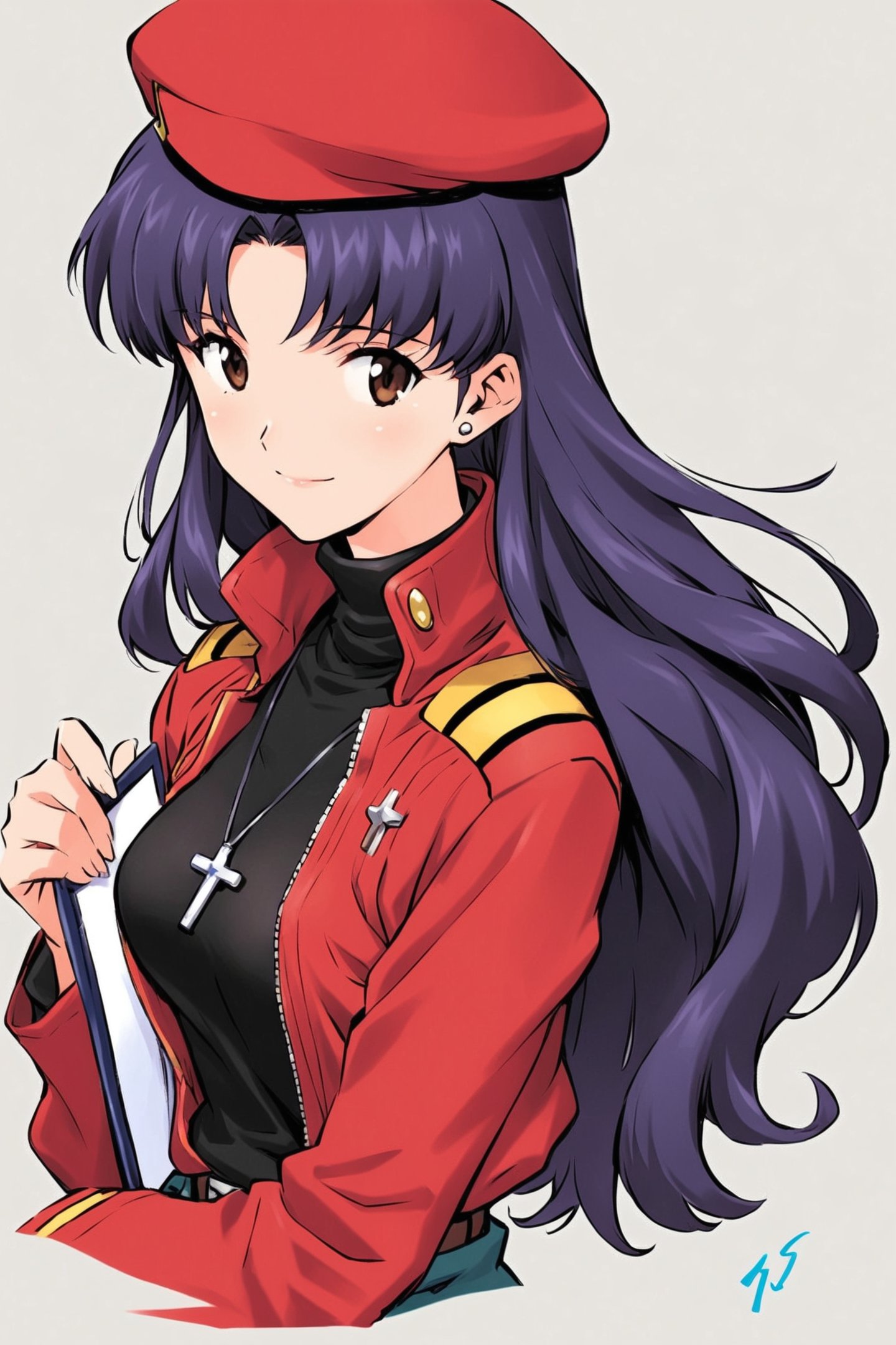 katsuragi misato,1girl,jewelry,hat,jacket,red jacket,turtleneck,long sleeves,holding,open clothes,open jacket,long hair,smile,bangs,necklace,breasts,signature,purple hair,upper body,closed mouth,parted bangs,white background,solo,earrings,cross,stud earrings,black shirt,beret,brown eyes,uniform,red headwear,cross necklace,shadow,looking at viewer,zipper,belt,simple background,looking to the side,military,medium breasts,military uniform,light smile,small breasts,pendant,clipboard,zipper pull tab,holding book,cropped torso,silhouette,<lora:Sadamoto Yoshiyuki_XL_kohaku:0.8>,