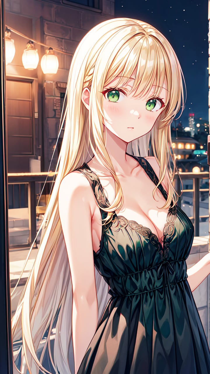 masterpiece,best quality,highres,illustration,hyper detailed,8k cg wallpaper,ray tracing,((blonde hair:1.2)),((long hair:1.2)),((straight hair:1.2)),((green eyes:1.2)),medium breasts,(hiten1:0.8),<lora:add_detail:1>,sleeveless dress,cleavage,night,