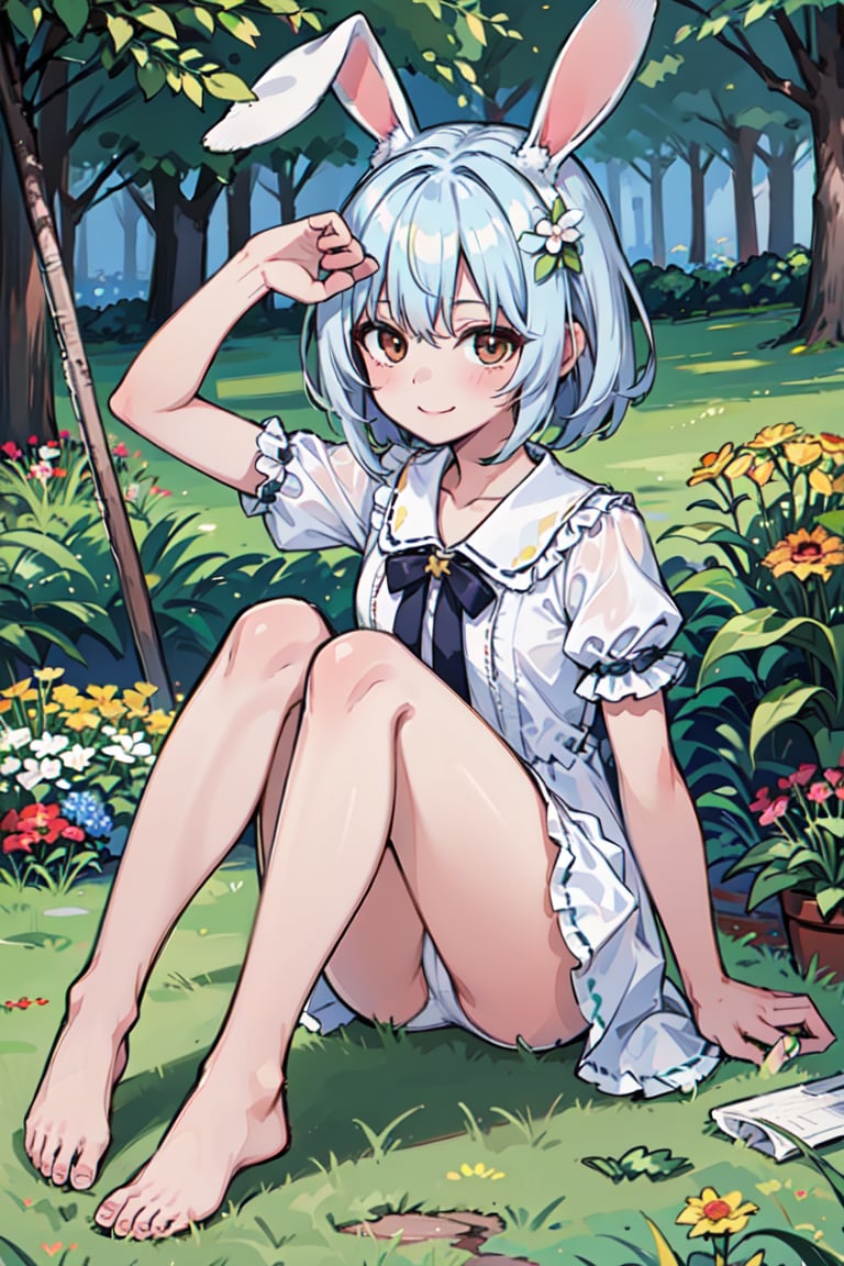 best quality, high resolution, distinct image, 1girl, solo, animal ears, rabbit, barefoot, knees up, dress, sitting, rabbit ears, short sleeves, looking at viewer, grass, short hair, smile, white hair, puffy sleeves, outdoors, puffy short sleeves, bangs, on ground, full body, animal, white dress, sunlight, brown eyes, dappled sunlight, day, depth of field