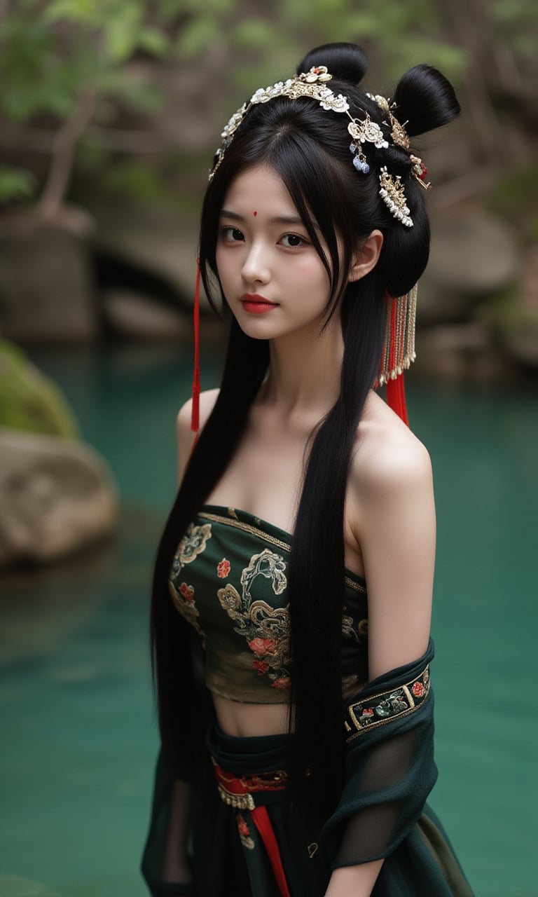 a girl wearing a black belly dance costume, with intricate details and a graceful pose.Her hair is pulled back in a bun and she has a serene expression on her face,standing in a serene natural setting.She is looking directly at the camera with a calm and composed expression.The cave's walls are rocky, and there are plants and foliage surrounding the water.