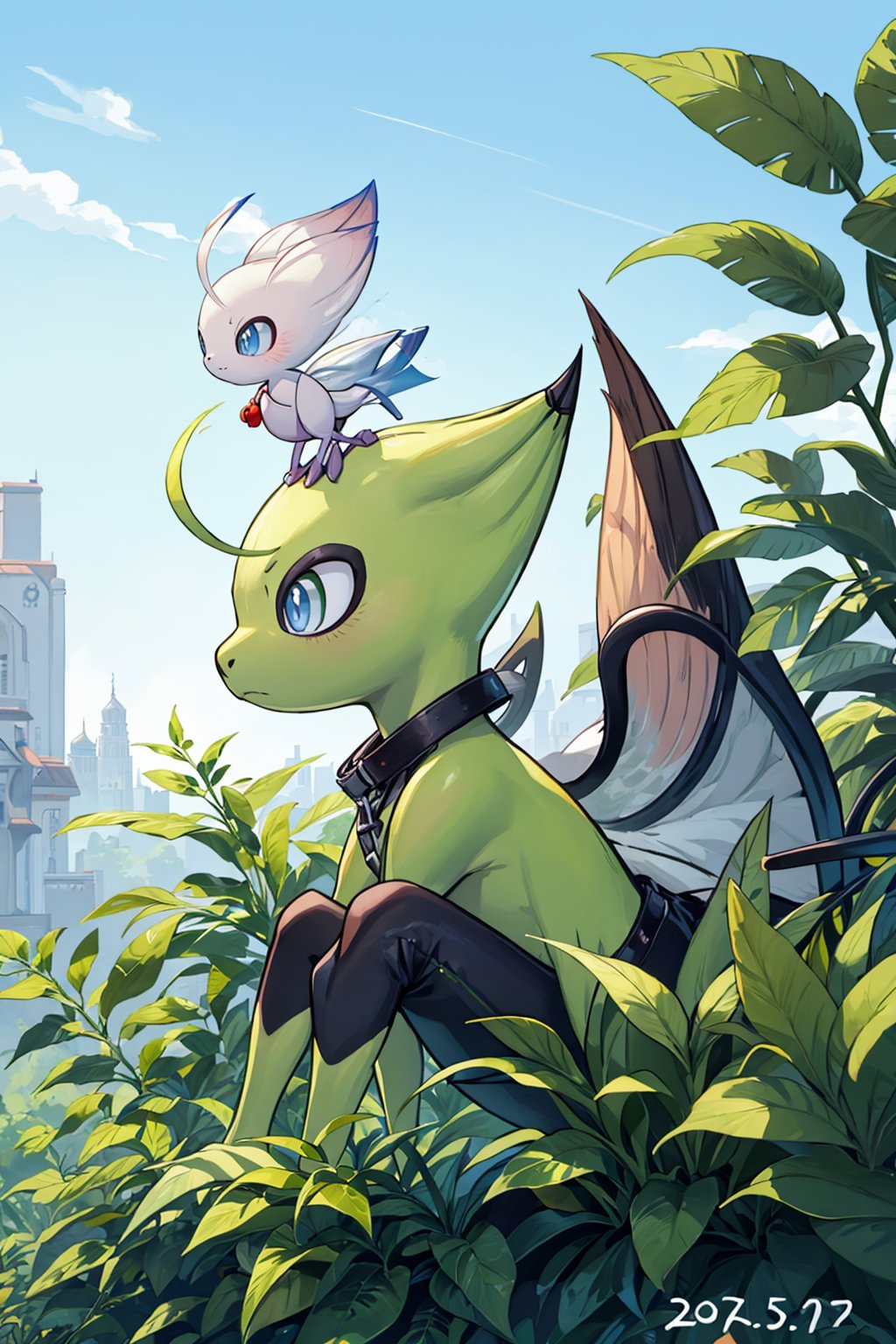 masterpiece,best quality, highly detailed, celebi,no humans, pokemon (creature), white pupils, closed mouth, from side, outdoors, dated, looking up, sitting,<lora:celebi:1>