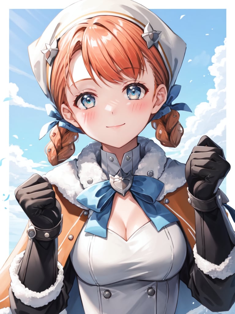 <lora:Annette_FE-10:0.7>, annette_hopes, 1girl, solo, breasts, looking at viewer, blush, smile, bangs, gloves, dress, ribbon, cleavage, medium breasts, closed mouth, upper body, braid, black gloves, white dress, twin braids, official alternate costume, fur trim, capelet, clenched hands, official alternate hairstyle