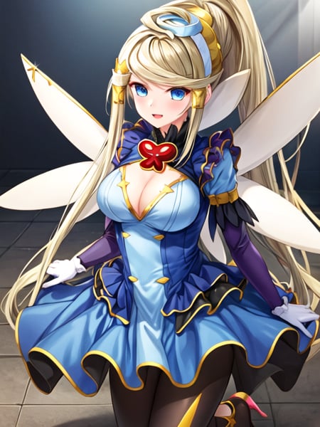 <lora:Trickstar_Holly_Angel_v1:1>Trickstar Holly Angel, 1girl, long hair, blue eyes, blonde hair, gloves, ponytail, pantyhose, wings, elbow gloves, long dress, fairy wings, high heels, <lora:flatBG:-0.5> ,<lora:flat2:-0.5> ,<lora:hyperrefiner_v090:0.5> ,(dark light:1.2),(hyper extreme detailed),(masterpeace:0.5),(hyper extreme),(photorealistic),game cg,llustration,novel illustration,beautiful lighting,light from the front,good_hands,beautiful art ,BREAK