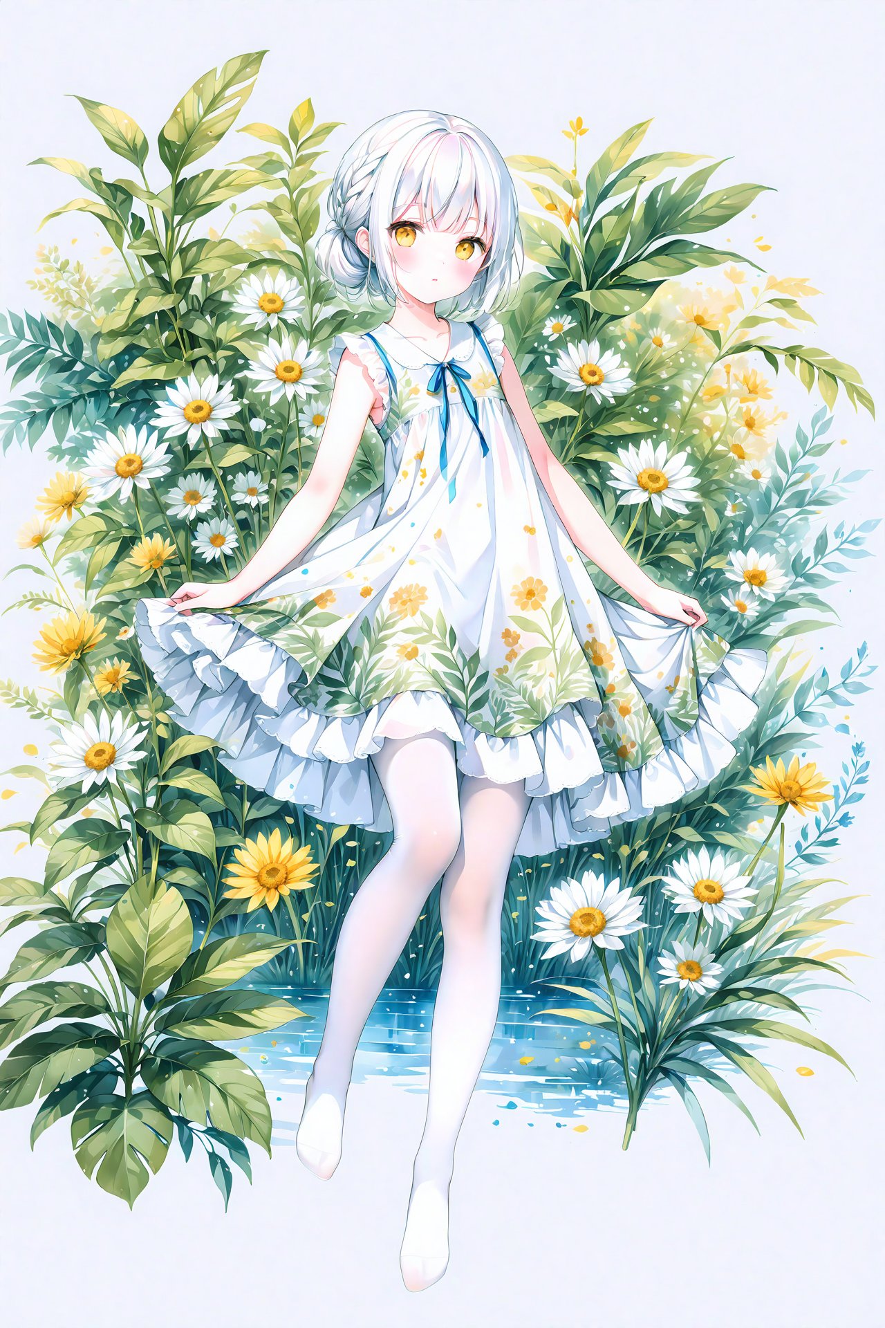 (masterpiece),(best quality),illustration,ultra detailed,hdr,Depth of field,(colorful),white pantyhose,no shoes,watercolor,masterpiece,best quality,extremely detailed,1girl,full body,beautiful detailed eyes,cute anime face,full body,beautiful detailed face,white hair,(Botanical illustration:1.5),white dress,1 girl,ziyi,