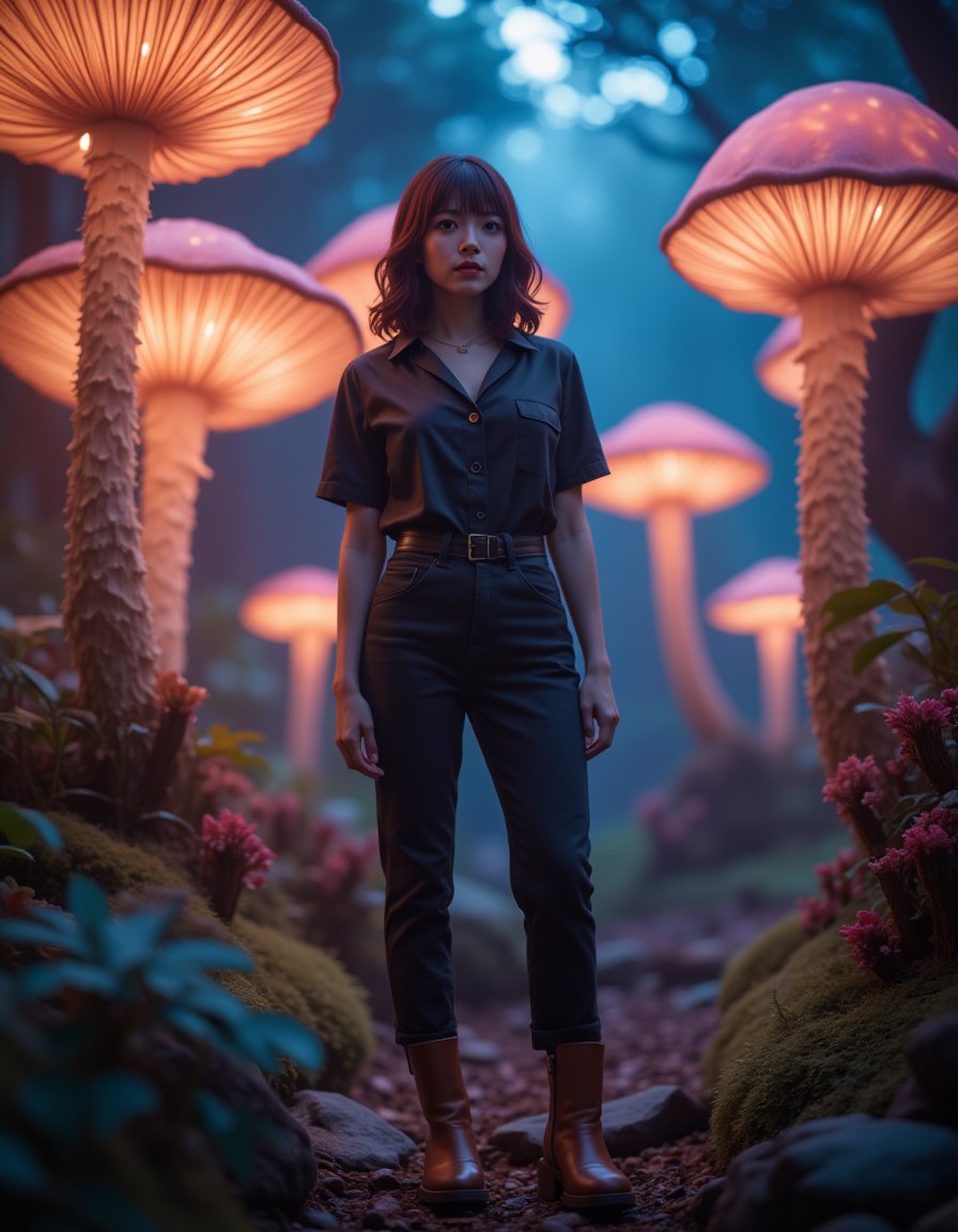 A gorgeous woman with shoulder-length maroon hair and stylish bangs, standing confidently in the enchanting Myconid Haven, where luminescent fungal canopies glow softly above her. She wears ankle boots in a rich cognac leather with a chunky heel, adding a touch of sophistication to her look. The scene is captured in ultra-real, raw digital photography style, evoking a sense of magic realism, with the surreal beauty of the glowing fungi contrasted against her chic, modern appearance. The lighting is a combination of gel lights that cast a mystical, colorful glow over the scene, reminiscent of a Kodak Portra 400 film's vibrant and rich tones. The intricate details of her outfit and the mesmerizing environment around her are captured with a mastery that blurs the line between reality and fantasy, creating a masterpiece that feels both otherworldly and grounded in raw beauty