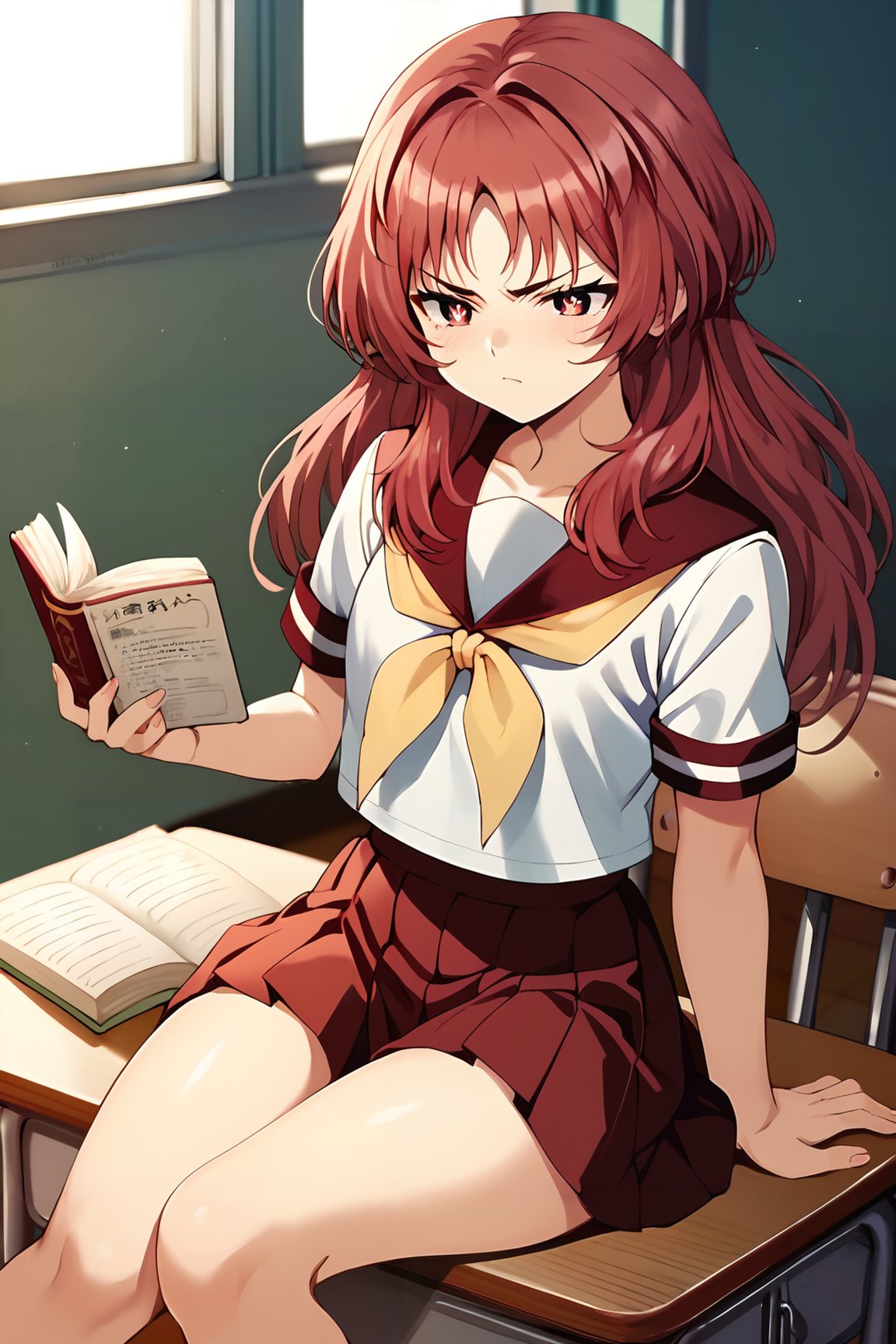 score_9, score_8_up, score_7_up, source_anime, zPDXL2, 1girl, <lora:ai_mie:1>, miewz, red eyes, red hair, long hair, serafuku, sailor collar, yellow neckerchief, white shirt, school uniform, red skirt, pleated skirt, book, reading, v-shaped eyebrows, v-shaped eyes,  serious, classroom, sitting, school desk, school chair, cowboy shot, <lora:sd_xl_dpo_lora_v1:1>