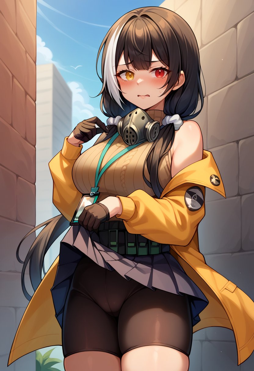 score_9,score_8_up,score_7_up BREAK 1girl,jelorodef,solo,standing,skirt lift,lifted by self,black hair,streaked hair,hair scrunchie,low twintails,red eyes,heterochromia,yellow eyes,turtleneck sweater,sleeveless,mask around neck,gas mask,id card,coat,off shoulder,black gloves,belt,belt pouch,pleated skirt,bike shorts under skirt,thighhighs,looking at viewer,embarrassed,<lora:Ro635-JeloXL-000007:1>,