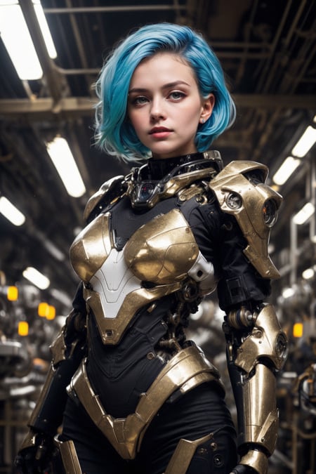 cgmech, beautiful eyes, upper body, underboob, portrait, robot,white orange armor, shimmering blue hair, neon light, 8K, RAW, best quality, masterpiece, ultra high res, colorful, (medium wide shot), (dynamic perspective), sharp focus , (depth of field, bokeh:1.3), extremely detailed eyes and face, beautiful detailed eyes,large breasts,(black gold, trimmed gear:1.2),(In a futuristic weapons factory:1.2), ((masterpiece, best quality)), <lora:more_details:0.3> Detailed background, spaceship interior <lora:menpo_offset:0.2>  <lora:Niji:0.6>