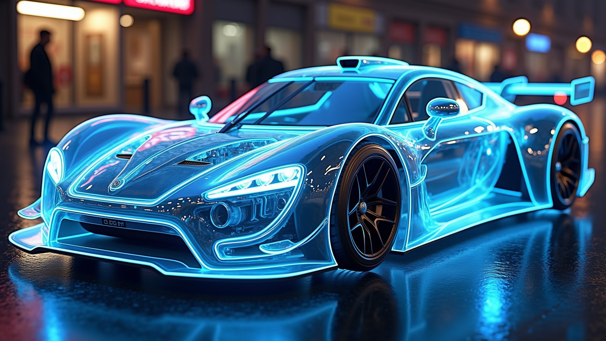 spectacular digital rendering of  a (transparent:1.8) DTM concept hyper car,  revealing internal mechanical components such as engine, car chassis, suspension, and internal wiring, detailed textures, detailed machinery,  accurate lighting and shadows, 8k quality, intricate patterns, high-definition, glossy blue neon finish, vivid reflections, perfect lighting, busy street at night, BREAK