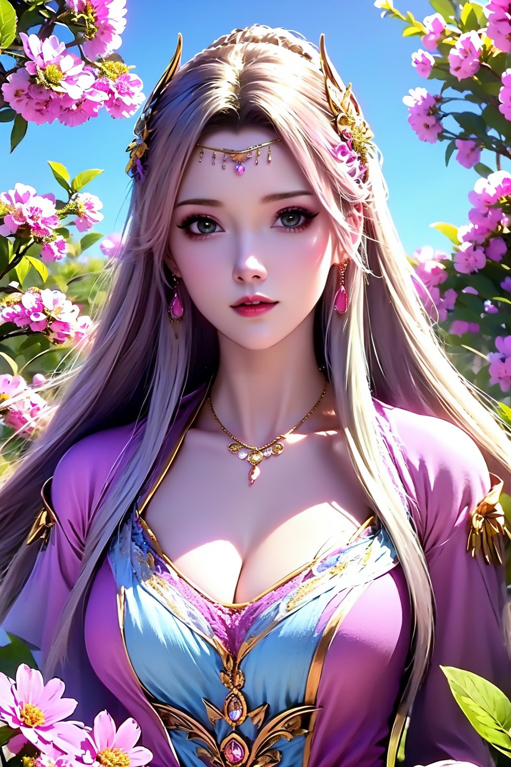 1girl, portrait, solo, (pink dress:1.2), jewelry, long hair, sky, flower, hair ornament, necklace, earrings, breasts,