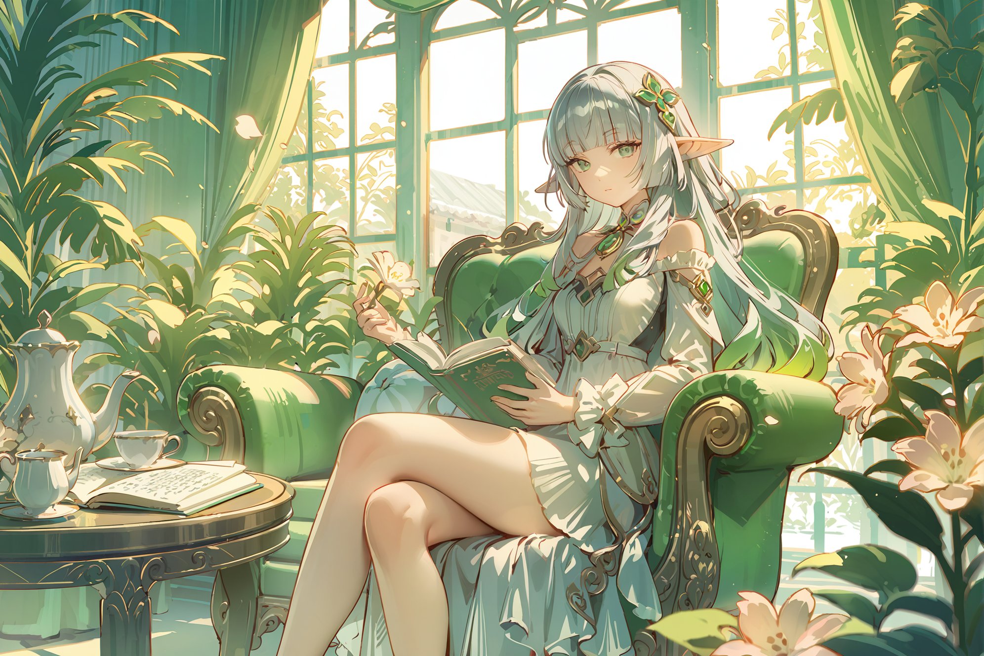 sketch,1girl,elf,chibi,long hair,silver hair,green gradient hair,blunt bangs,green eyes,small breasts,green brooch,frilled shirt,long sleeves,dress,sitting,looking at viewer,half-closed eyes,holding book,window,curtains,plant,flower,book,teacup,chair,sofa,open book,paper,masterpiece,bestquality,onnk,line art,line style,Depth of field,(colorful),Torino,