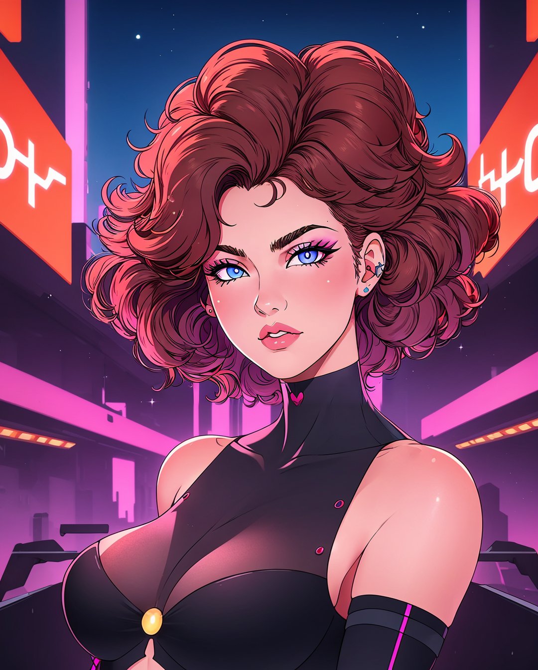 1 girl, adult  woman,  ruby eyes, copper afro,, lob hair, 1980s futuristic synthwave, bladerunner