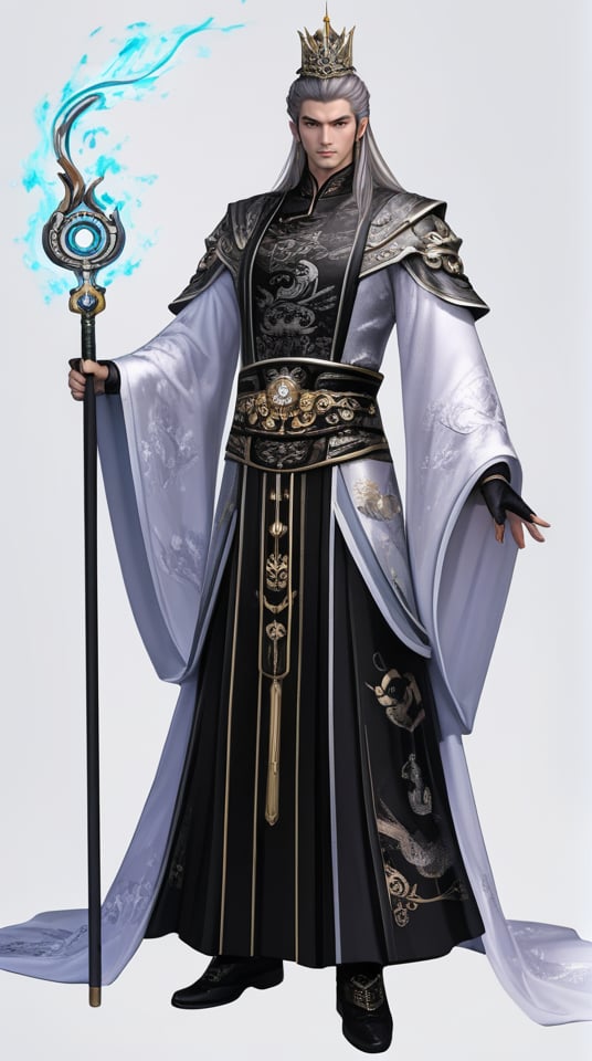 (best quality), ((masterpiece)), (highres), illustration, original, extremely detailed,   <lora:武侠与剑仙:0.7>1boy, solo, male focus, staff, wide sleeves, long hair, standing, white background, simple background, crown, gloves, full body, holding, grey hair, robe, holding staff, looking at viewer, magic, fingerless gloves, long sleeves, chinese clothes