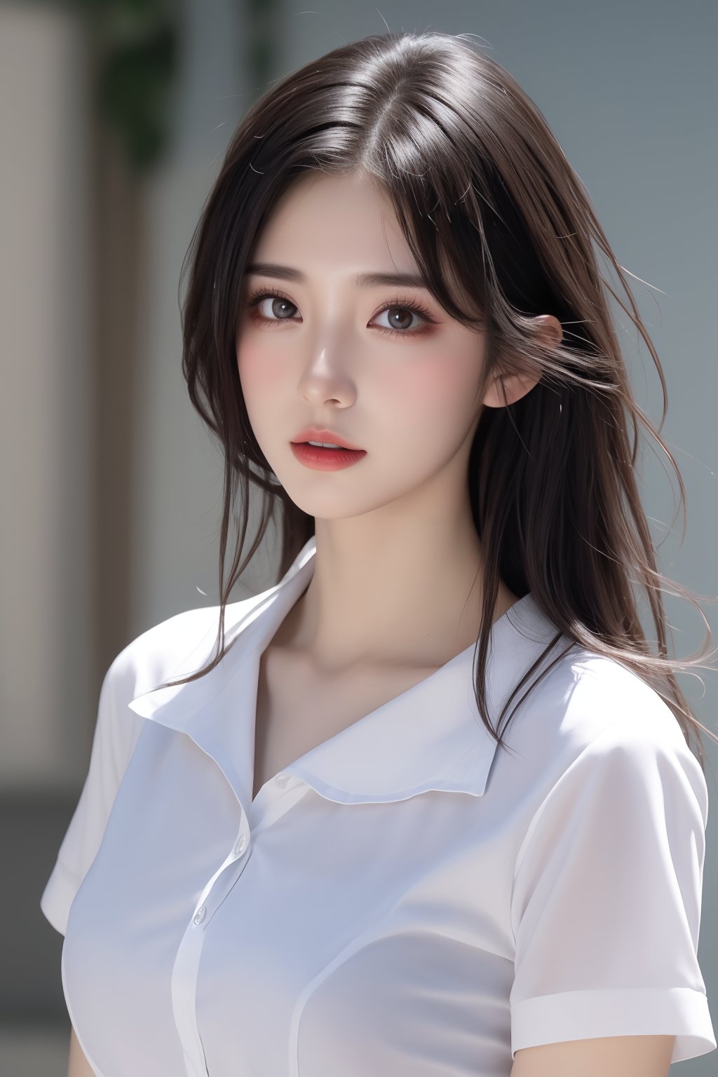 1girl, black hair, bra, bra visible through clothes, breasts, brown eyes, collared shirt, large breasts, lips, long hair, looking at viewer, nose, photorealistic, realistic, see-through, shirt, short sleeves, solo, underwear, upper body, wet clothes, wet shirt, white shirt, wing collar <lora:美女:0.8>