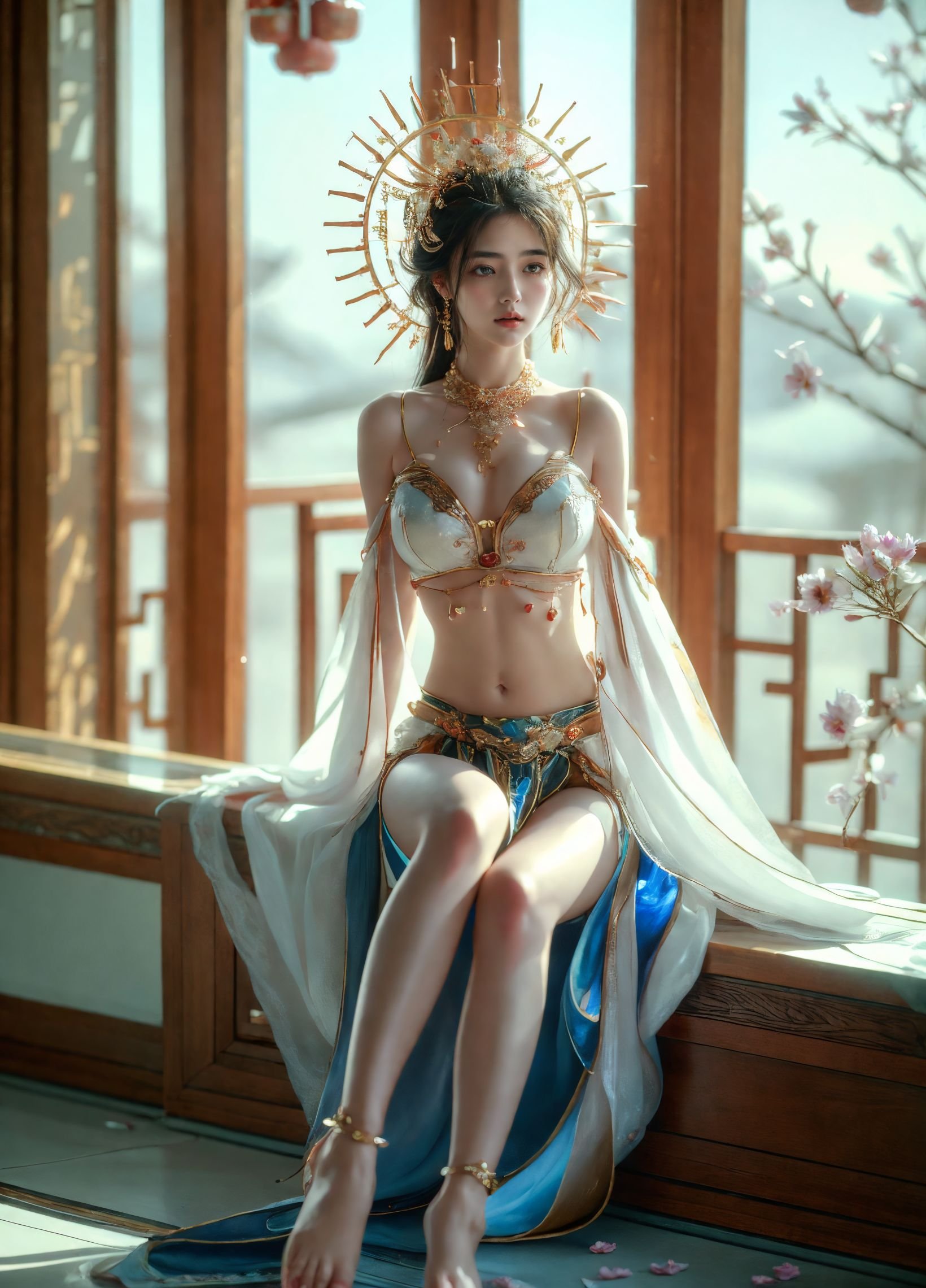 xuer Chinese goddess,1girl,jewelry,barefoot,solo,sitting,anklet,earrings,navel,black hair,hair ornament,necklace,indoors,full body,breasts,petals,window,bra,bare legs,realistic,feet,<lora:绪儿-中国女神 xuer Chinese goddess:0.75>,