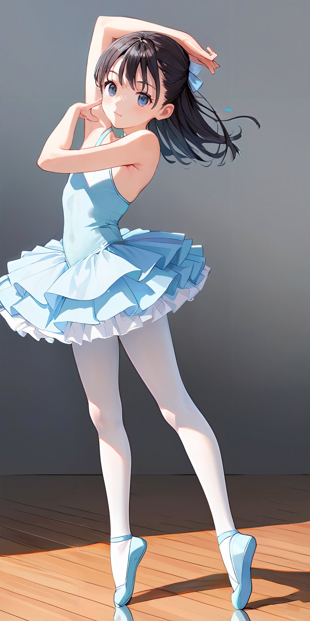 score_9, score_8_up, score_7_up,source_anime, high res image,masterpiece,best quality,girl,cowboy shot,cute face,simple background, <lora:ballet_Pony_V1.0:0.5> jyojifuku, ballerina, ballet,leotard, white pantyhose, tutu