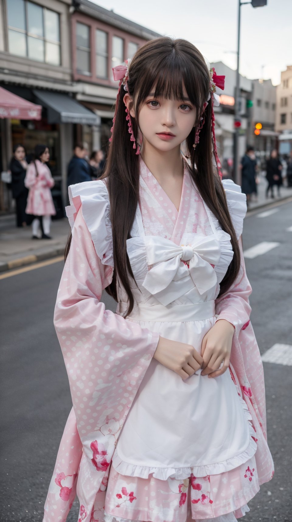 best quality,HDR,UHD,8K,Vivid Colors,solo,photo_,(1girl:1.3),(standing:1.3),(looking at viewer:1.4),Elegant,detailed gorgeous face,(upper body:1.2),(street background:1.2),<lora:Twinkle2:0.75>, kimono,apron,bow,puffy sleeves,