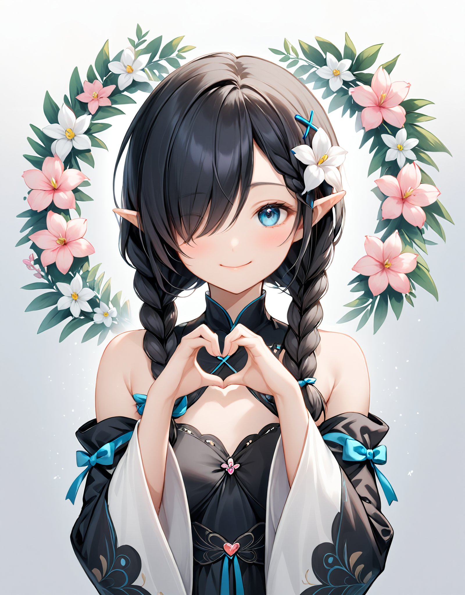 highres,best quality, 1girl, bare shoulders, black dress, black hair, blue eyes, braid, closed mouth, dress, flower, hair ornament, hair flower, hair over one eye, hand up, heart, heart hands, light blush, long hair, long sleeves, looking at viewer, pink flower, pointy ears, smile, solo, twin braids, upper body, white flower, wide sleeves, x hair ornament