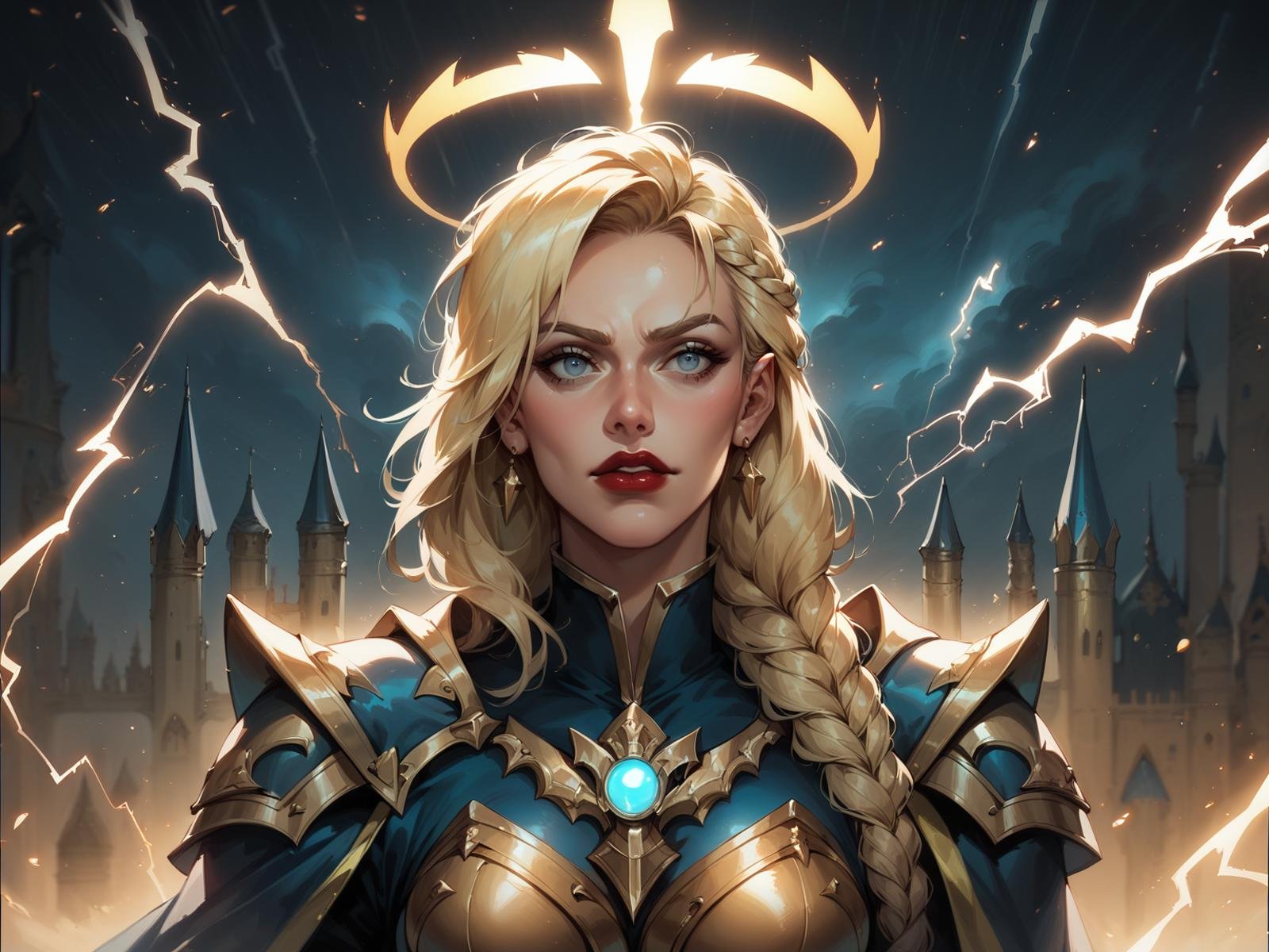 score_8_up, score_7_up, 1girl, solo, portrait of paladin lady in ornate armor, red lips, pauldrons, frills, cape, blonde hair, braid, glowing halo, night, particles, royal castle background, bokeh, yellow lightning, storm, dark clouds