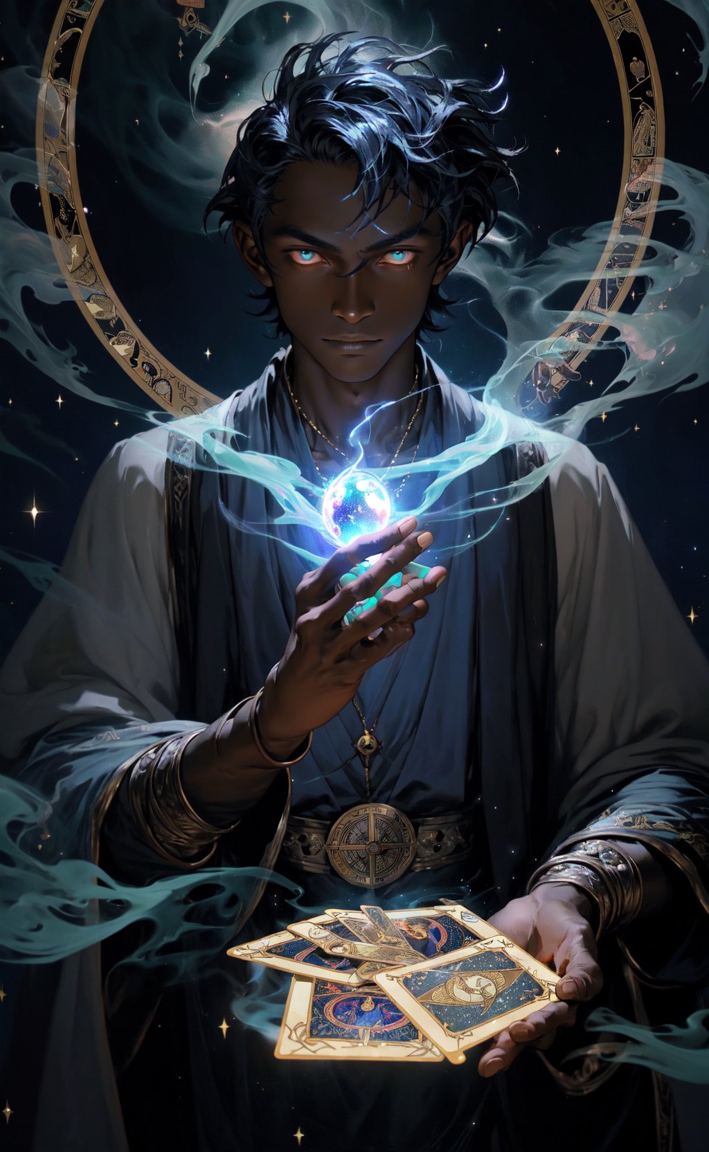 oil painting, realistic, 1boy, fortune teller, tarot cards, dark skin, mystical, magical, glow, glowing, dark magical lighting, moody, cinematic, sparkle, glittering, darkness, smoke