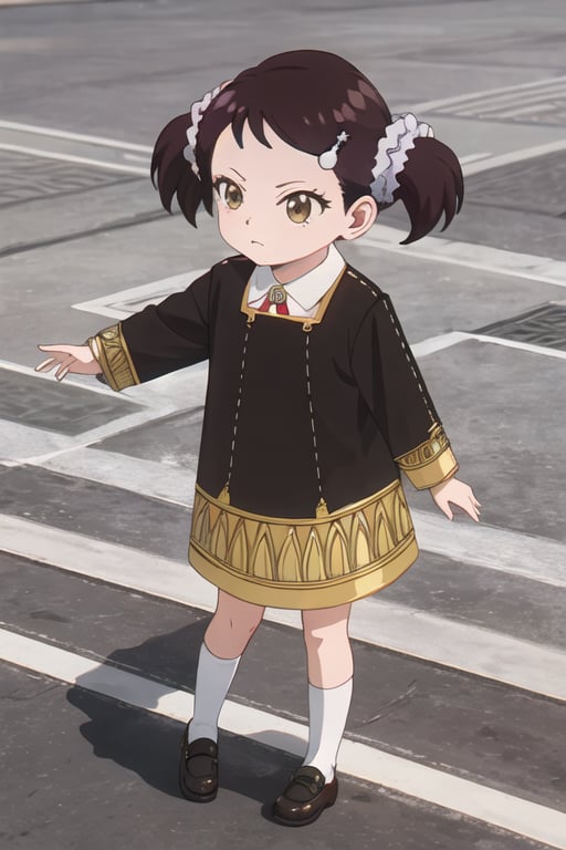 best quality, masterpiece, highres, solo, {becky_blackbell_spyxfamily:1.15}, hair_ornament, female_child, twintails, scrunchie, black_hair, brown_eyes, child, short_twintails, hair_scrunchie, brown_hair, hairclip