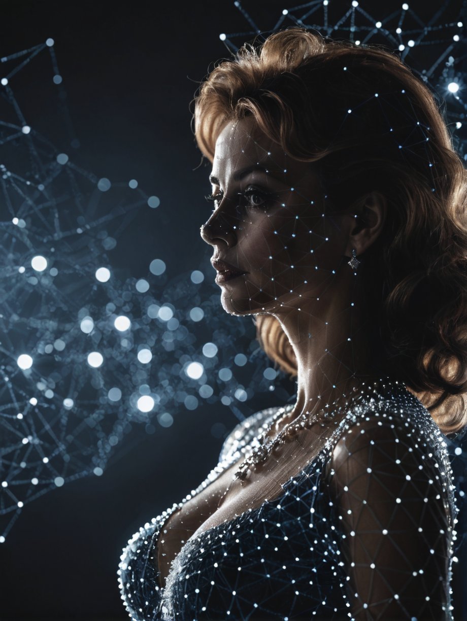 dataviz style, the silhouette of a young sofia loren rendered as a mesh grid, datapoints, sparkles, blue tones, stars  <lora:dataviz_style_xl_v1:1>
