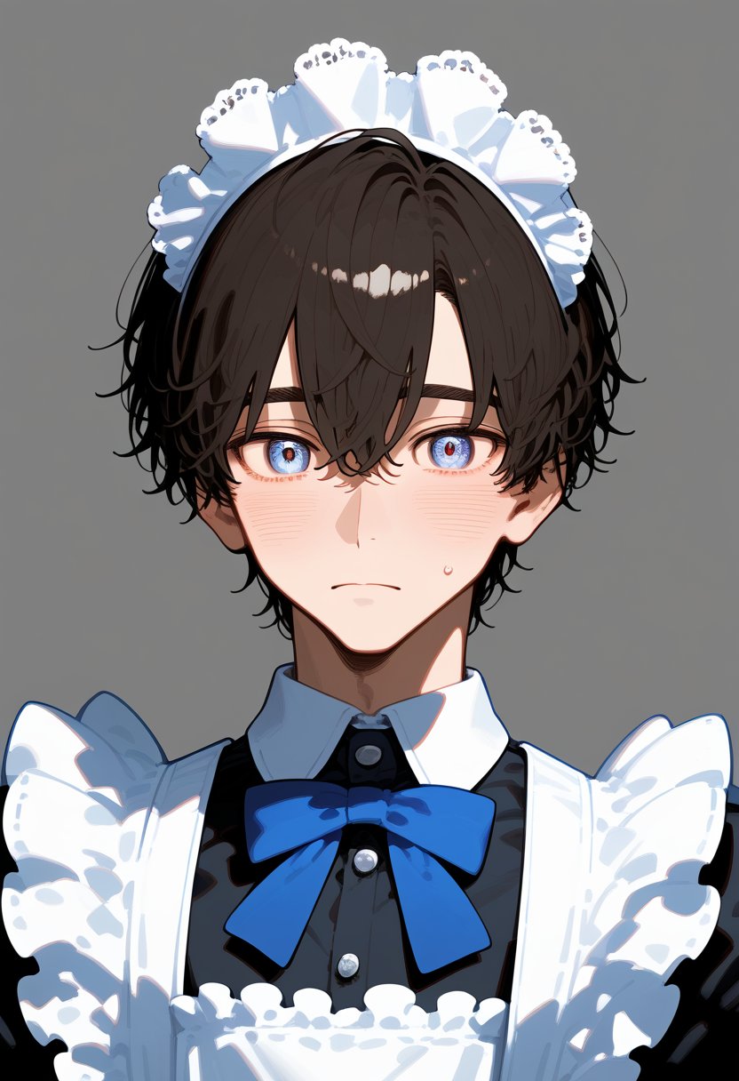 1boy, male, otoko no ko, blush, maid, simple background, masterpiece, best quality, amazing quality, very aesthetic, absurdres, hires, beautiful face, perfect eyes, depth of field, newest, score_9, score_8, score_7, score_6