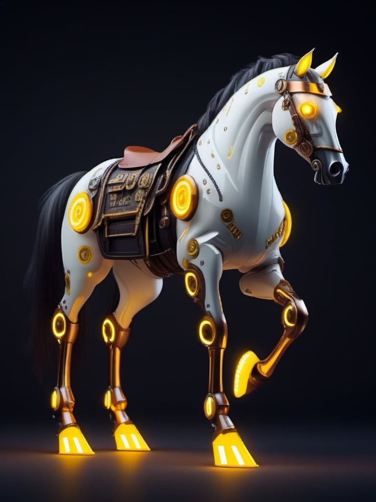 jixie,This is a mechanized horse with a cyberpunk style. Mechanical features include glowing yellow lights and a metal structure similar to a fusion of steampunk and futuristic designs,<lora:仿生机械V1:0.7>,