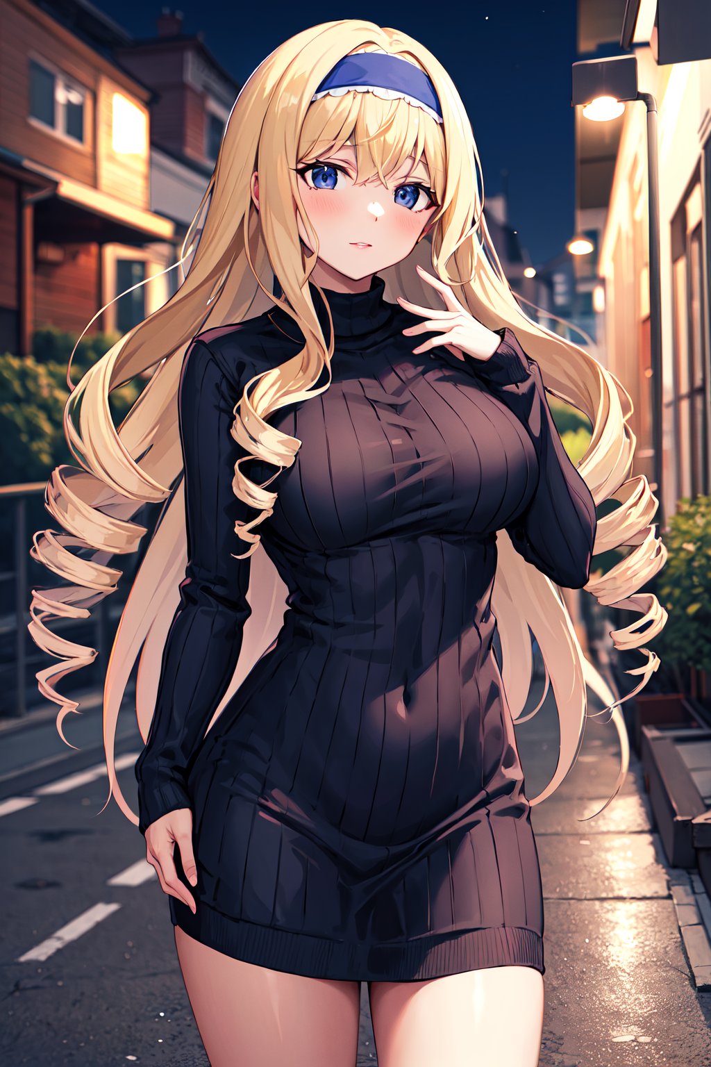 masterpiece, best quality, highres, aacecilia, long hair, curly hair, drill hair, blue hairband, <lora:cecilia_alcott_v1:0.7>, sweater dress, ribbed sweater, standing, night, street,