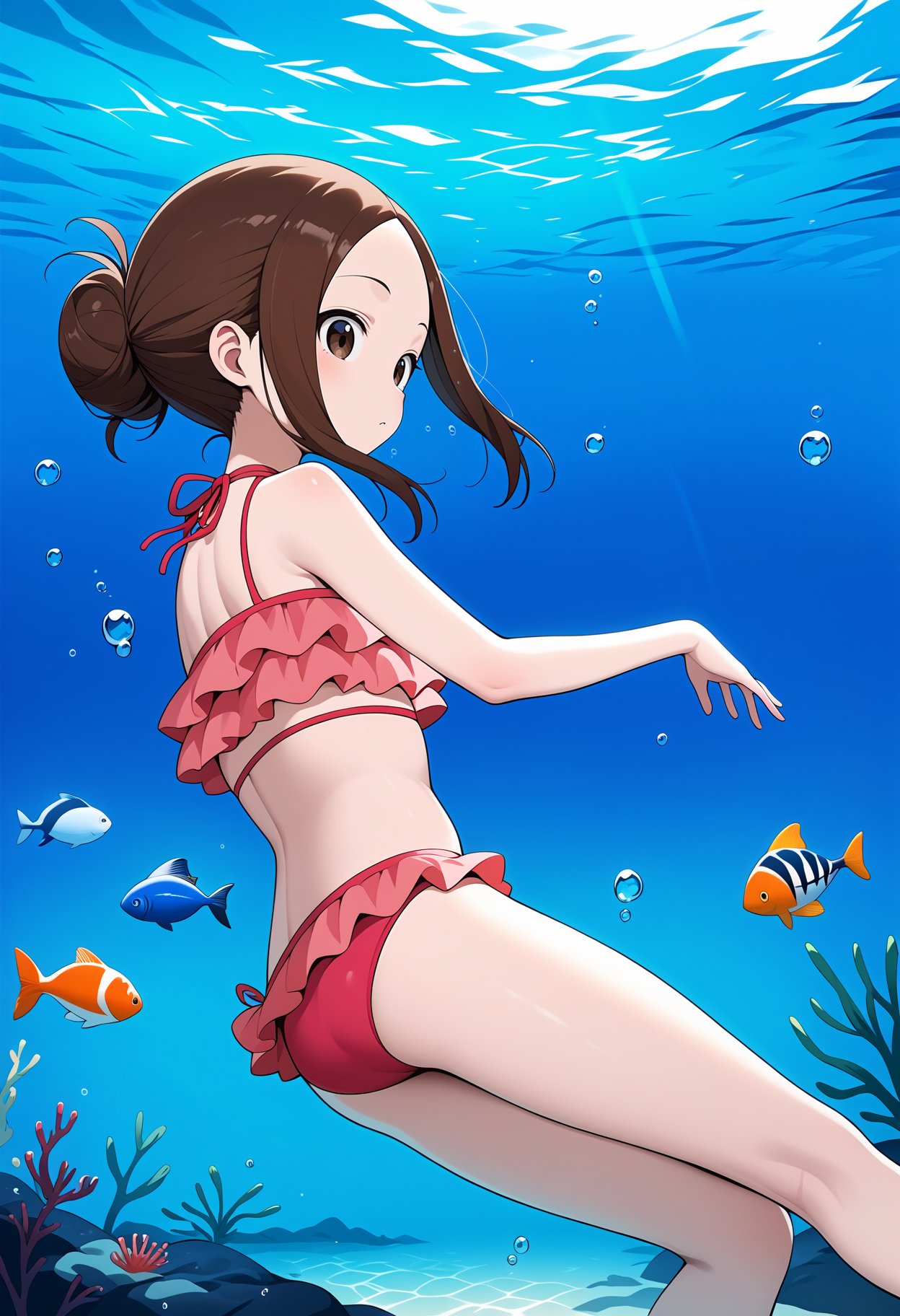 score_9, score_8_up, score_7_up, score_6_up, score_5_up, score_4_up, source_anime, aatakagi, solo, brown hair, single hair bun,, parted bangs, frilled bikini, pink bikini, <lora:takagi-san_ponyxl_v1:0.9>, swimming, underwater, fish