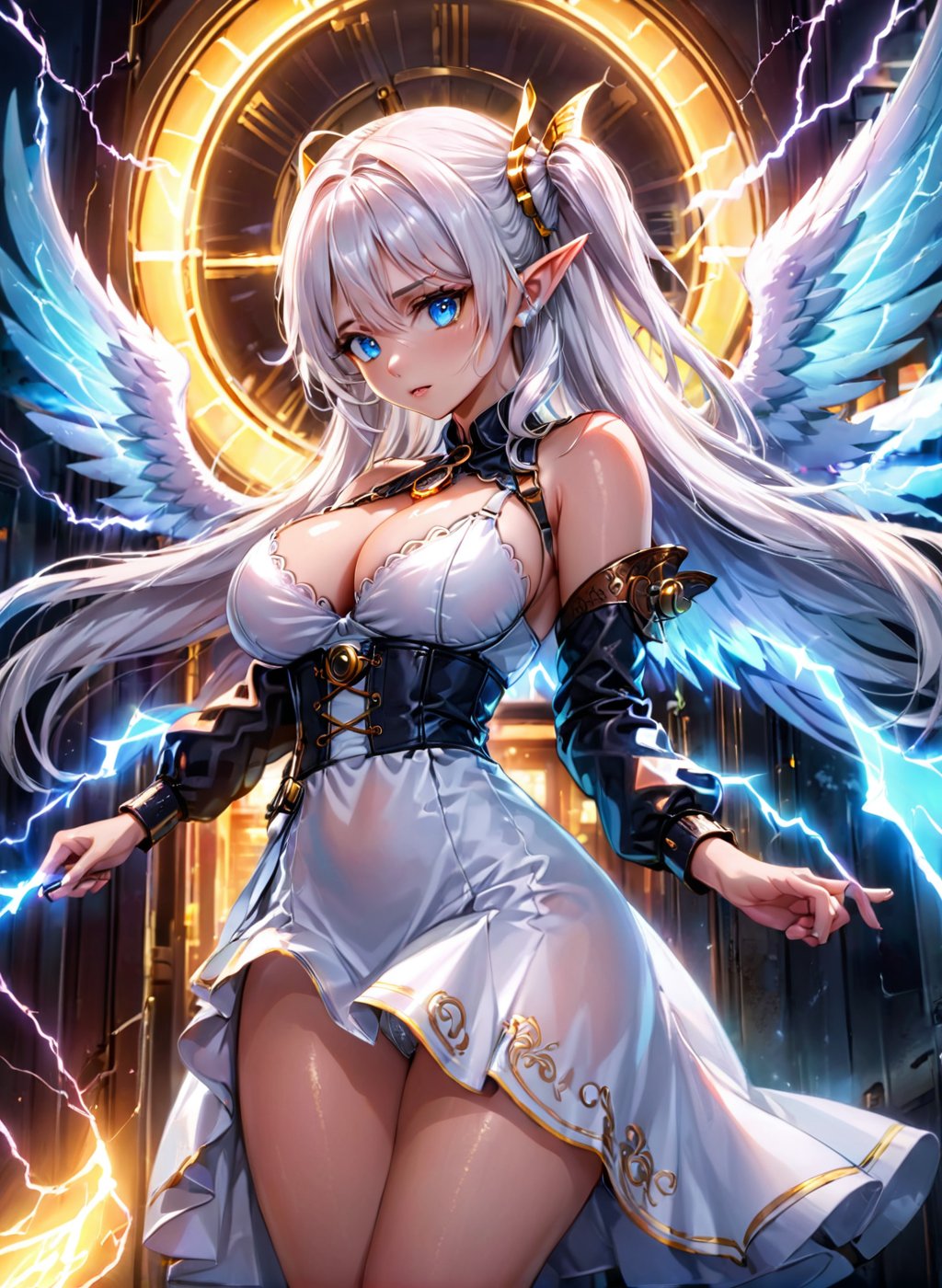 (lightning angel), white hair ,blue eyes, lighning around her, mechanical neon wings. Large breasts, elegant white dress , elf ears, BREAK electricity all round her body, shiny eyes with lightning effects, at stormy steampunk heaven, (masterpiece), best quality, highres, 4k, 8k, cinematic lighting, amazing quality, amazing shading, soft lighting, Illustration, official artwork, anime style, wallpaper, official art, 35mm, analog style, a realistic photo, film grain, (photorealistic:0.6), taken by a canon eos r5