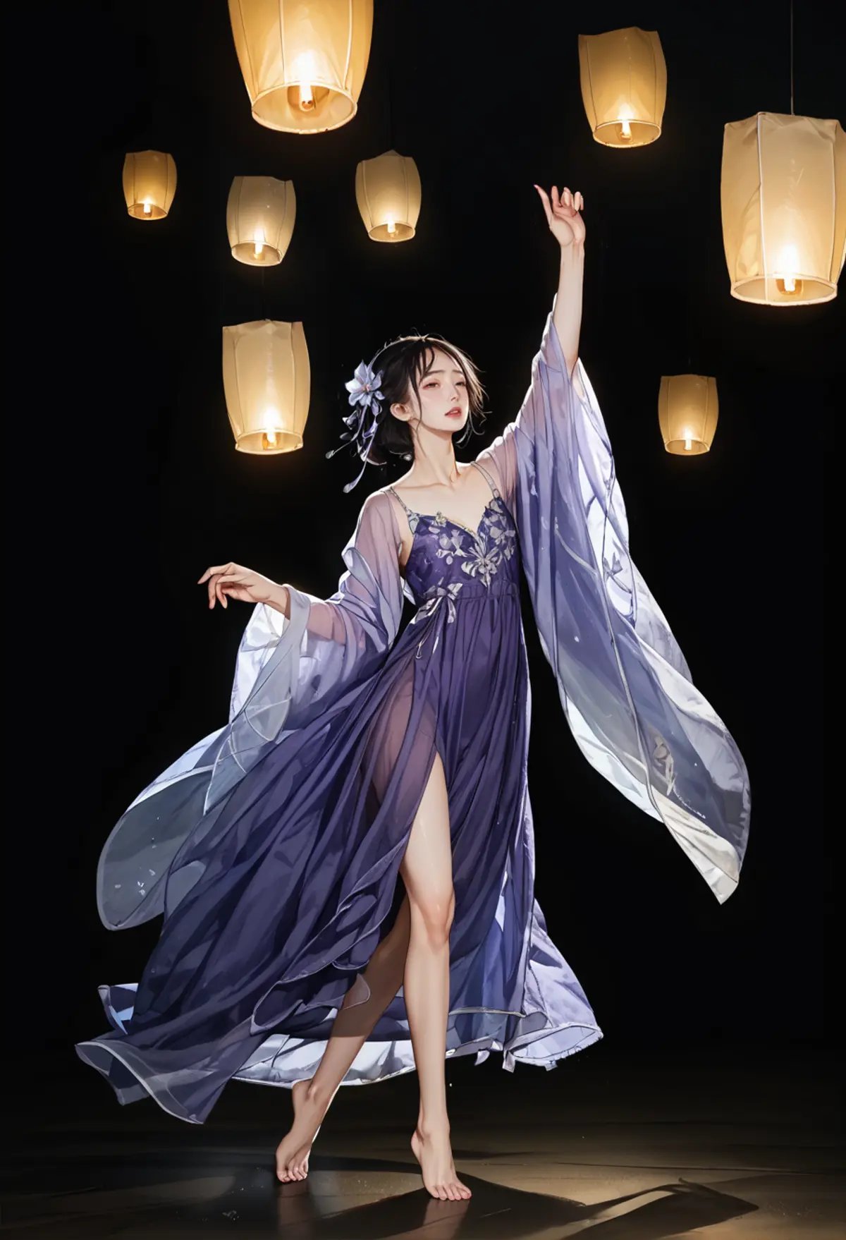 ,ruanyi0799,lantern,glowing,night sky,no humans,dancing,barefoot,,ruanyi0752,hanfu,purple dress,see-through,wide sleeves,<lora:0799 Kongming lantern_v1_pony:1>,<lora:0752 Wisteria butterfly hanfu_v1_pony:0.8>, score_9,score_8_up,score_7_up,,8k,1girl,solo,,