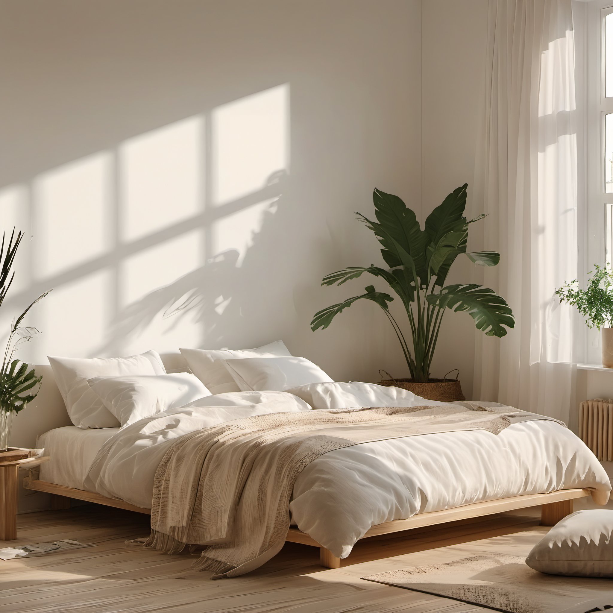 no humans,pillow,bed,plant,window,indoors,sunlight,wooden floor,curtains,shadow,lamp,bedroom,day,potted plant,