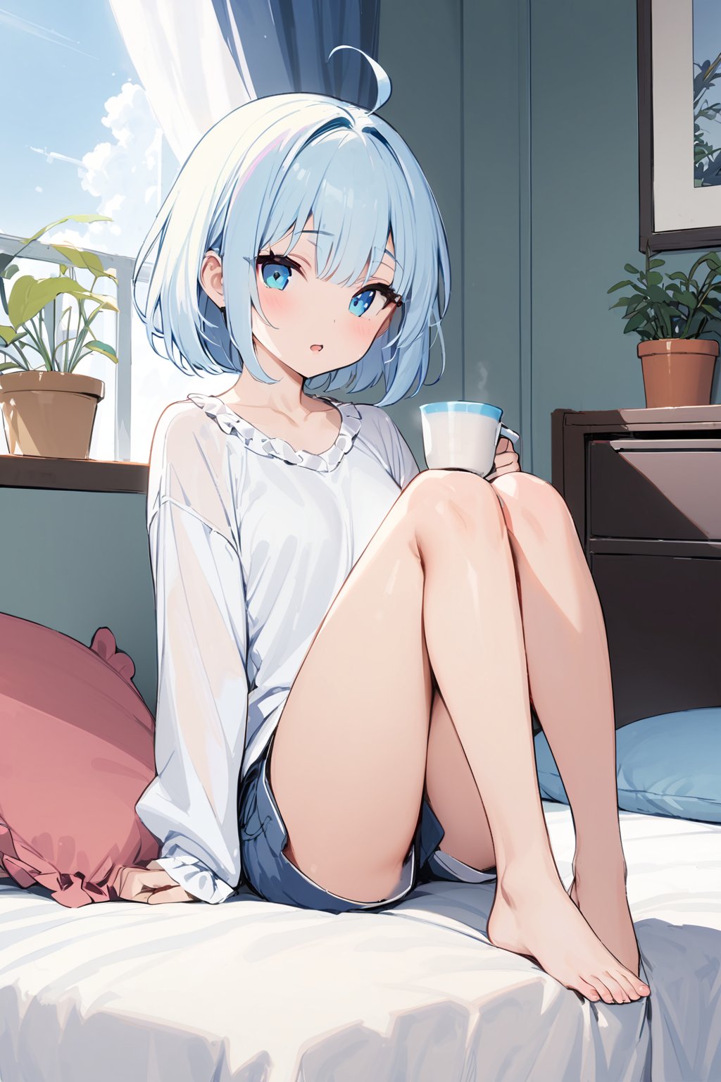 (masterpiece), (best quality),1girl, cup, holding, holding cup, solo, feet, looking at viewer, window, barefoot, toes, plant, indoors, long sleeves, ahoge, bangs, white hair, sitting, legs, blue eyes, curtains, knees up, bare legs, on bed, shirt, pillow, blush, collarbone, parted lips, white shirt, frills, mug, potted plant, thighs, short hair, day, bed, cloud, medium hair, bed sheet, full body, shorts, open mouth 