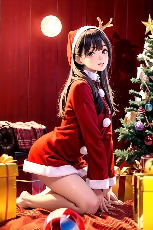 (masterpiece:1.2), best quality, masterpiece, highres, original,perfect light, 4k,8k,1girl, antlers, black hair, brown eyes, brown hair, candy cane, christmas, christmas lights, christmas ornaments, christmas tree, earrings, gift, gift box, holly, jewelry, lantern, lips, lipstick, long hair, long sleeves, looking at viewer, merry christmas, paper lantern, parted lips, realistic, red background, red moon, red theme, santa costume, santa hat, sleeves past wrists, snow, snowing, solo, star \(sky\), torii,<lora:christmas_real-000014:0.8>