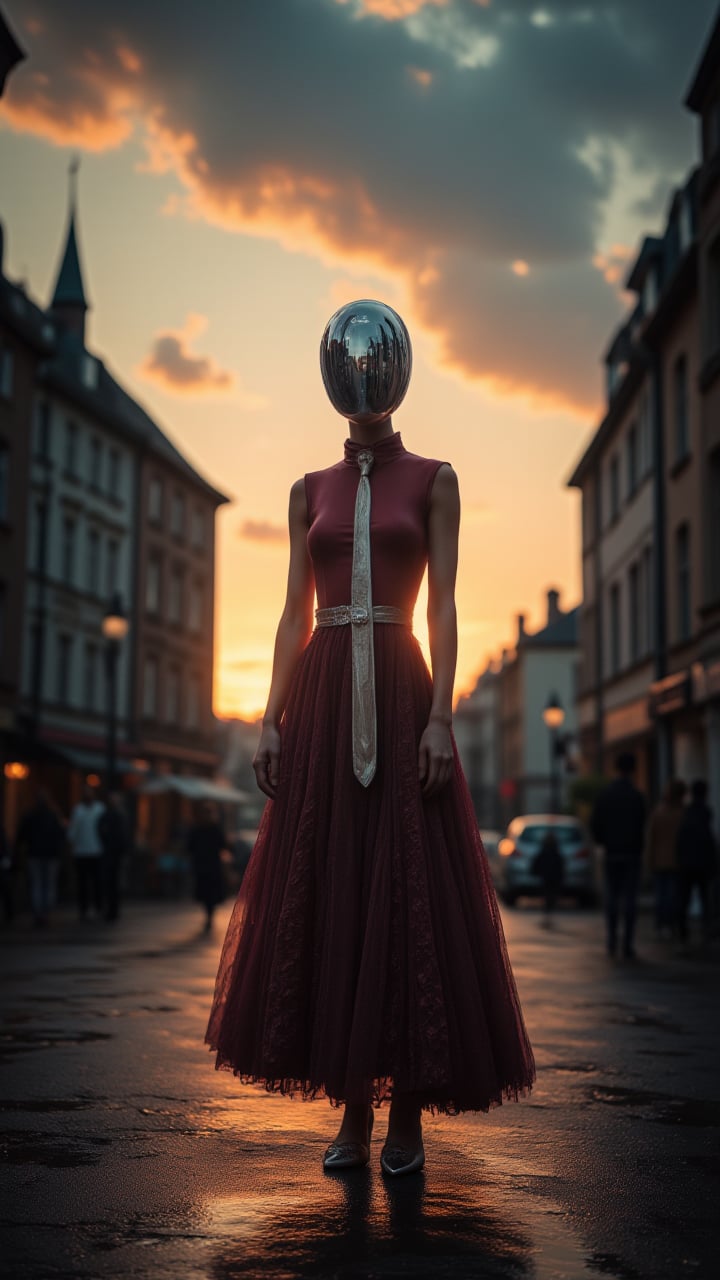 designed by Michael Borremans, A lone figure tube toped in a long burgundy, platinum and dusty Catalpa tube top and tie stands on the edge of a bustling Latvia street. Globular cluster is setting, casting a warm orange glow over the buildings and people below. In the distance, Surprising, midjourneyv6.1, detailmaximizer