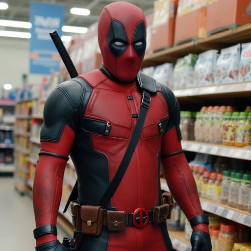 deadpool in a bodysuit and a mask is grocery shopping in wallmart