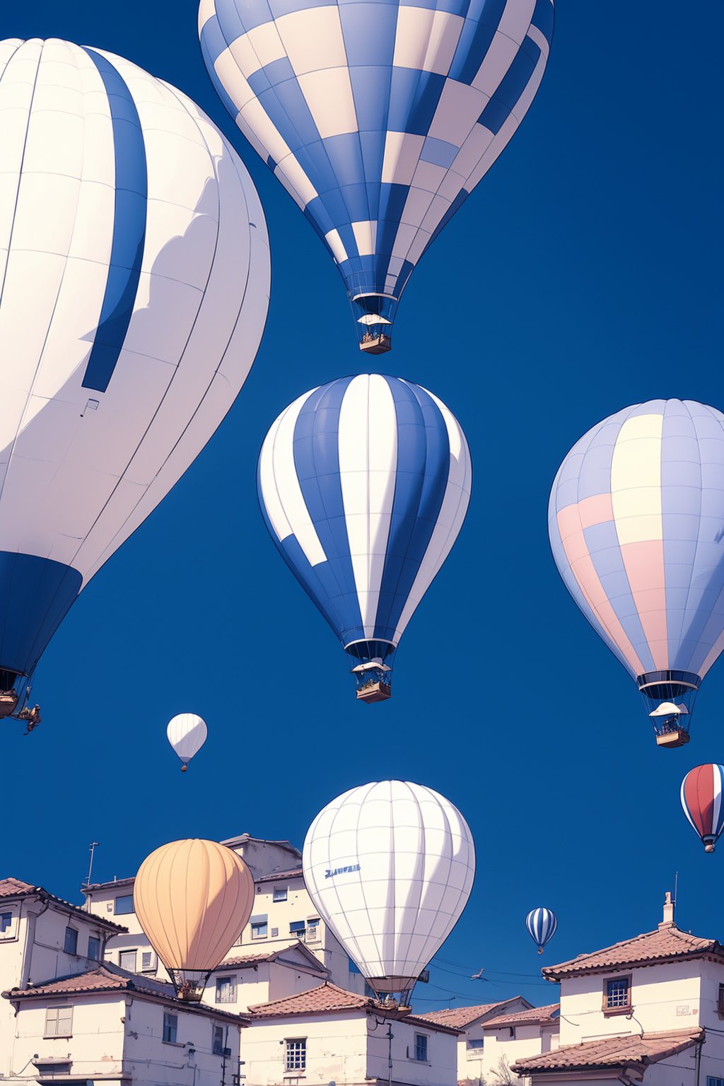 outdoors, sky, day, cloud, blue_sky, no_humans, building, scenery, aircraft, balloon