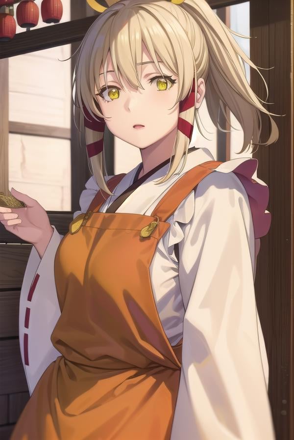 ukanomitamanokami, <lora:uka no mitama no kami s1-lora-nochekaiser:1>,uka no mitama no kami, long hair, blonde hair, hair ribbon, (yellow eyes:1.5), ponytail, tress ribbon,BREAK japanese clothes, miko, apron, (red apron:1.5),BREAK outdoors, shrine,BREAK looking at viewer, (cowboy shot:1.5),BREAK <lyco:GoodHands-beta2:1>, (masterpiece:1.2), best quality, high resolution, unity 8k wallpaper, (illustration:0.8), (beautiful detailed eyes:1.6), extremely detailed face, perfect lighting, extremely detailed CG, (perfect hands, perfect anatomy),