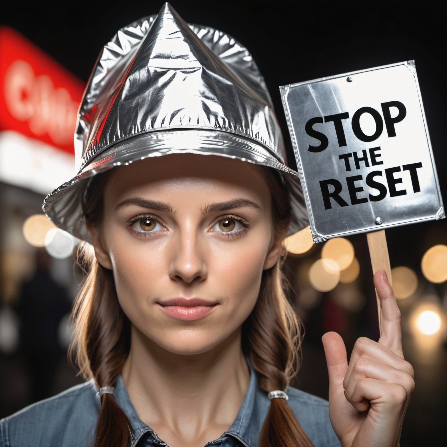 Closeup of an beautiful 25 years old woman wearing an tin foil hat holding a sign text "stop the great reset", high quality photography, 3 point lighting, flash with softbox, 4k, Canon EOS R3, hdr, smooth, sharp focus, high resolution, award winning photo, 80mm, f2.8, bokeh