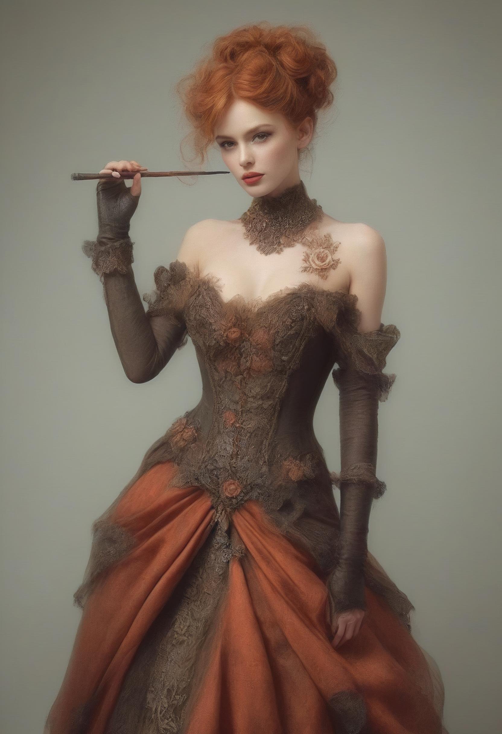 A Bright and vibrant capture photorealistic surreal portrait of an elegant woman with porcelain skin, standing nonchalantly in an avant-garde gown. The gown is reddish orange with intricate floral embroidery on the corset-like bodice, accentuating her slender waist. The asymmetrical skirt flows down one side, on the other side it is bunched up at the hip, revealing a toned leg adorned with thigh-high, black boots featuring intricate lacing. Her left hand holds a delicate black cigar that is smoking, while her right arm hangs gracefully at her side. Her face is striking, with high cheekbones, full red lips, and almond-shaped eyes accentuated by dramatic smoky makeup. Her fiery reddish orange hair is styled into a voluminous updo that is a slightly different shade than her dress, adorned with red and yellow and orange flowers. The background is a warm white hue with subtle texture, free of distractions. Soft, diffused lighting casts gentle shadows, highlighting the realism of her skin and the intricate details of her outfit. The overall mood exudes avant-garde high-fashion elegance with a touch of fantasy and surrealism.  skin texture style,   embedding:epiCPhoto, embedding:Style-BlurFore, embedding:Style-DoF, embedding:Style-Volumetric,   ,