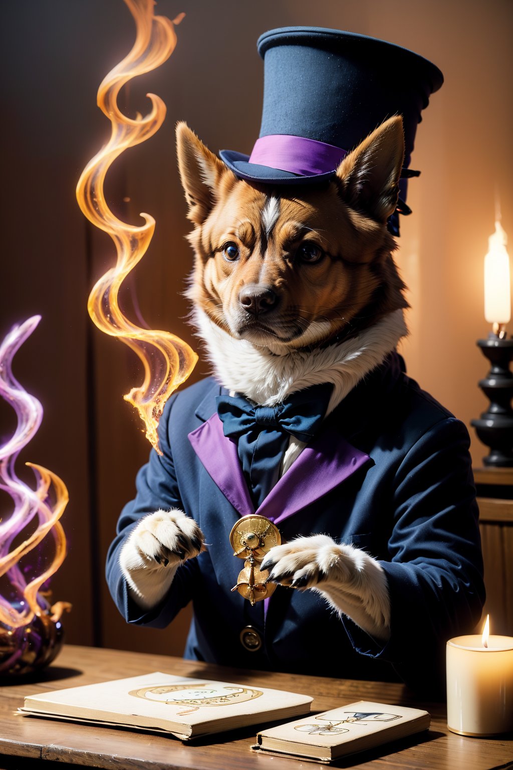 <lora:AgainRealistic_v2.0:1>,1boy, AgainRealistic_v2.0, animal, animal focus, black headwear, blurry, blurry background, book, bow, bowtie, brown eyes, candle, card, dog, clothed animal, fire, formal, hat, indoors, jacket, lamp, looking at viewer, male focus, no humans, purple bow, purple bowtie, realistic, shirt, solo, suit, table, top hat, upper body