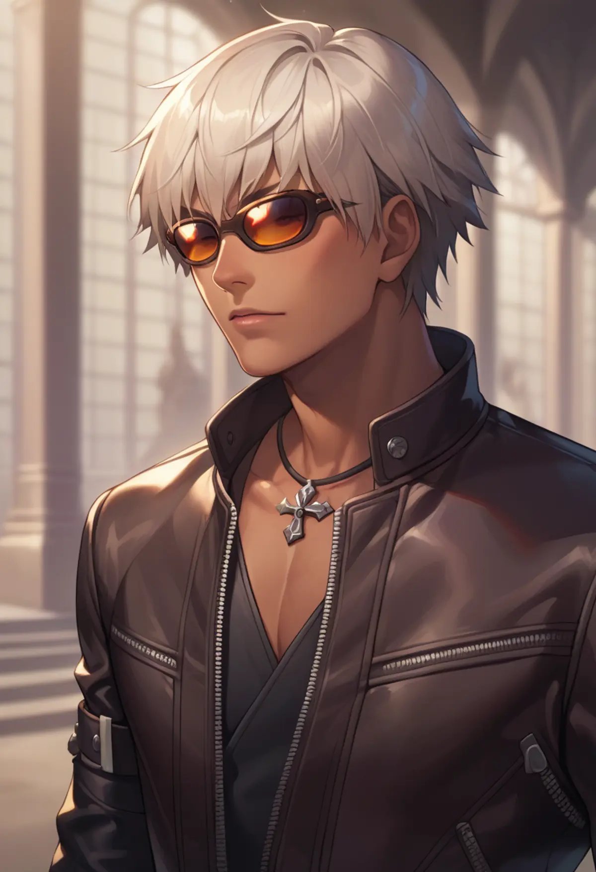 score_9, score_8_up, score_7_up, masterpiece, best quality, amazing quality, best aesthetic, ,absurdres, ((source_anime)), k_kof, gray hair, blue eyes, black leather closed jacket, black leather pants, necklace, belt, red single glove, single fingerless glove, black shoes, sunglasses<lora:EMS-369400-EMS:1.000000>