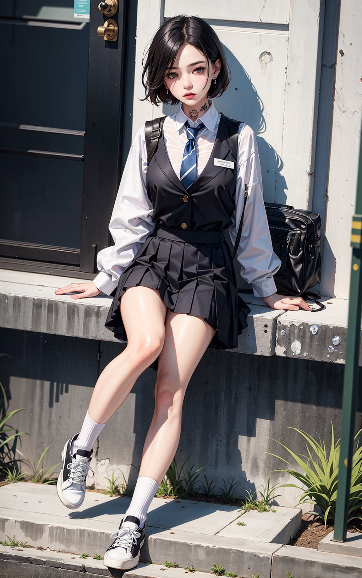 Bad girl, expressionless, young woman, shoulder length short hair, fluffy hair, tattoo, tattoo, jk uniform, tie, ultra short pleated skirt, white bubble socks, leather shoes, earrings, complete body