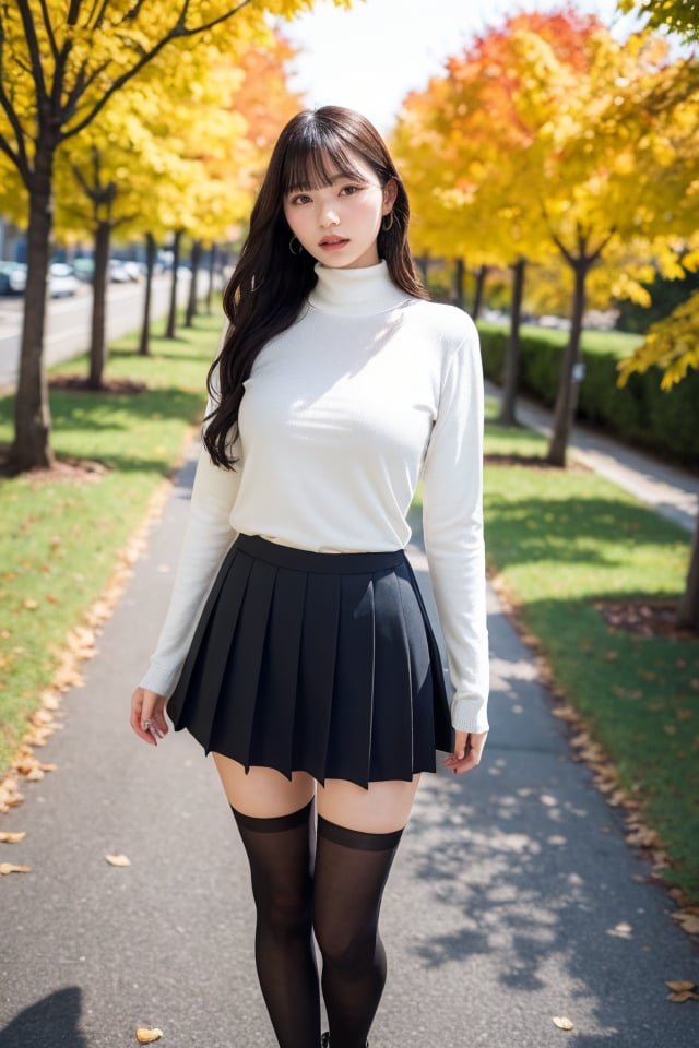 1girl,solo,photo background,outdoors,skirt,tree,standing,full body,long hair,autumn,day,looking at viewer,sweater,bangs,long sleeves,boots,sleeves past wrists,turtleneck,brown hair,realistic,lips,parted lips,shirt,black hair,socks,brown eyes,head tilt,autumn leaves,best quality,masterpiece,illustration,an extremely delicate and beautiful,CG,unity,8k wallpaper,Amazing,finely detail,masterpiece,official art,extremely detailed CG unity 8k wallpaper,incredibly absurdres,huge filesize,ultra-detailed,highres,extremely detailed,beautiful detailed girl,realistic,,<lora:Okamoto Hinana_20240503105030:0.8>