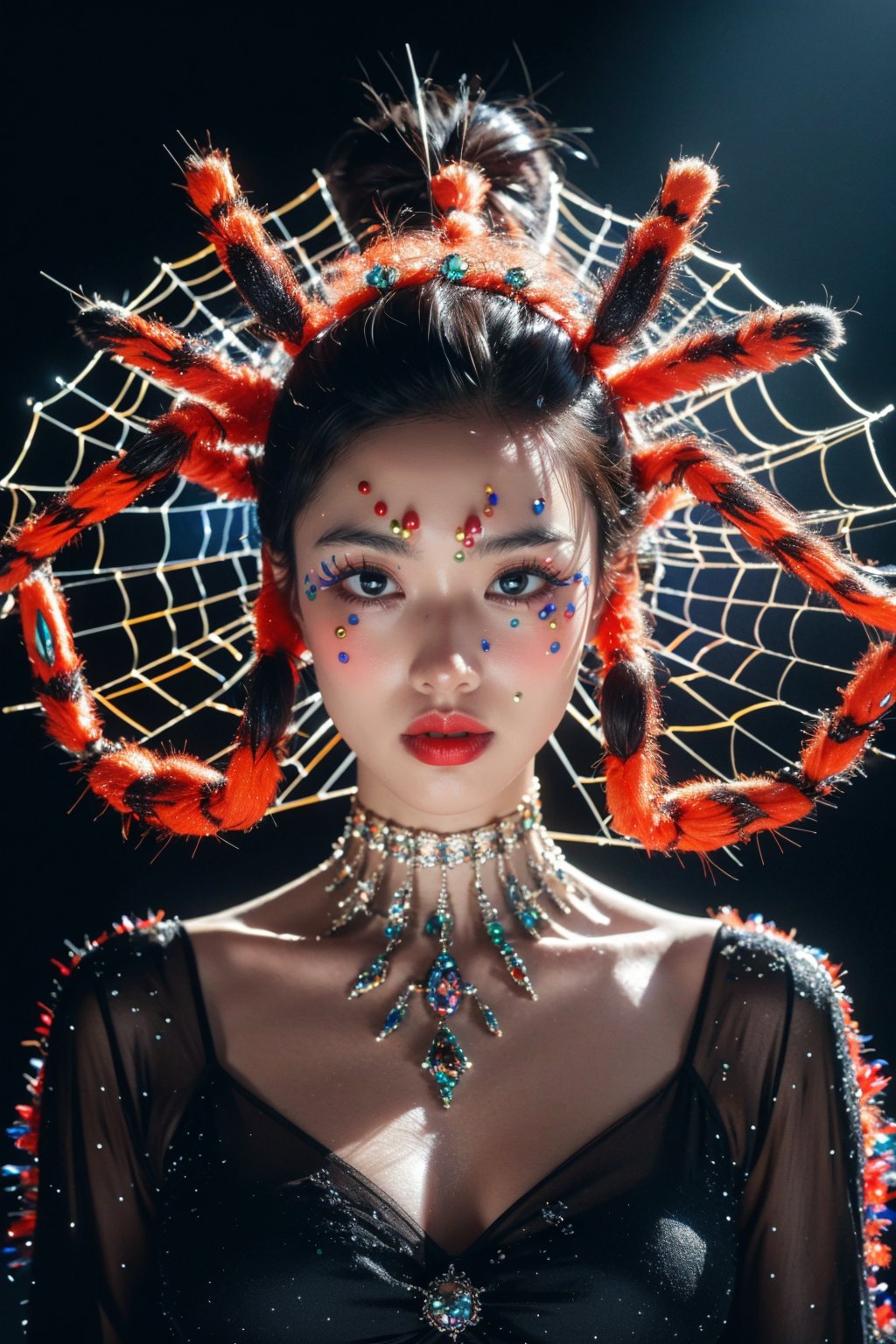 masterpiece,best quality,ultra high res,1girl,colorful tashan makeup,upper body,flash,<lora:20240401caizhuang-v1.2:0.7>,Orb-Weaver Spider headdress,Shadow effect,Glass texture,close-Up,